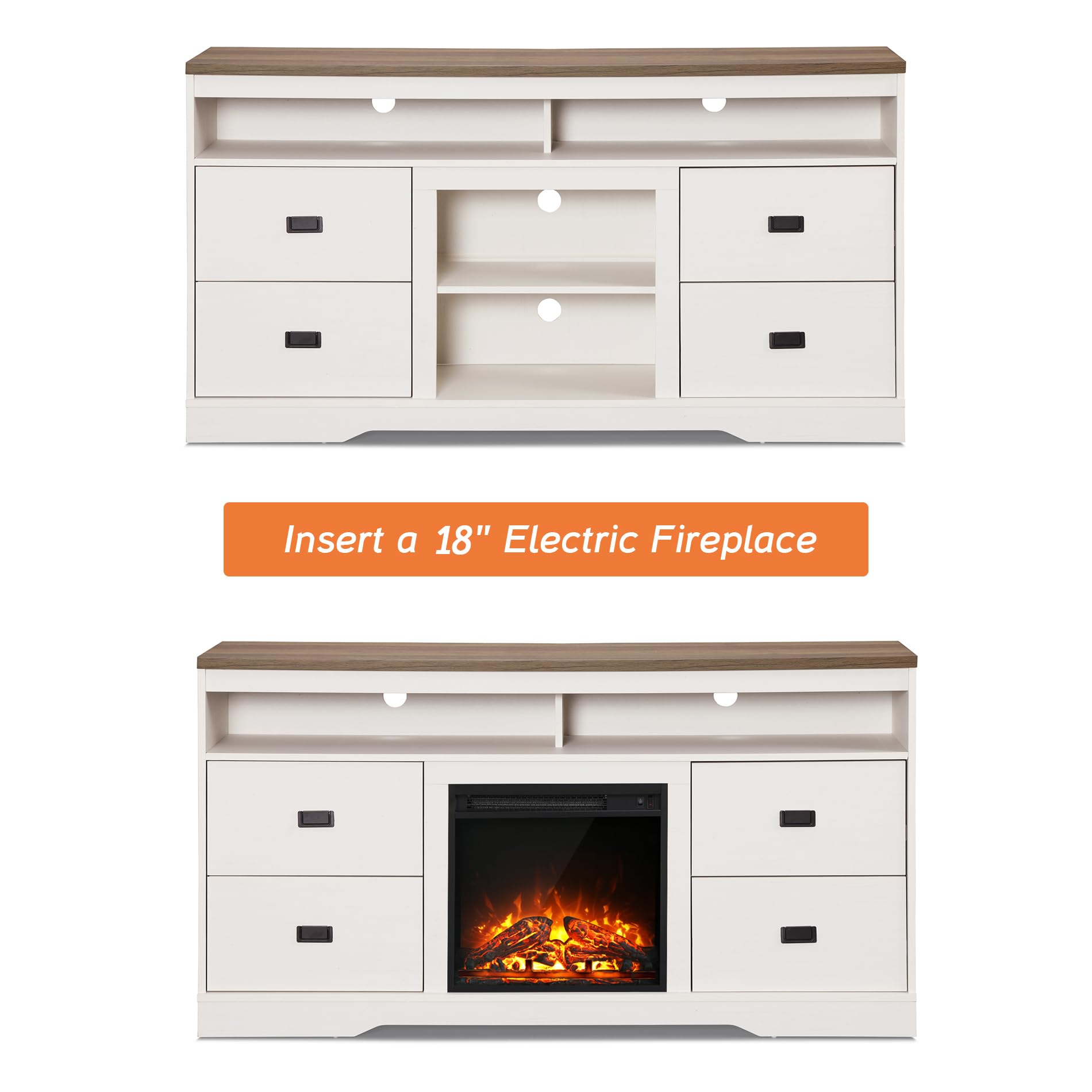 WAMPAT 65 Inch Farmhouse Style TV Stand with Electric Fireplace - Rustic Wood Entertainment Center with Storage & Adjustable Shelves - Antique White Finish - Perfect for Living Room, Bedroom or Home Theater Setup
