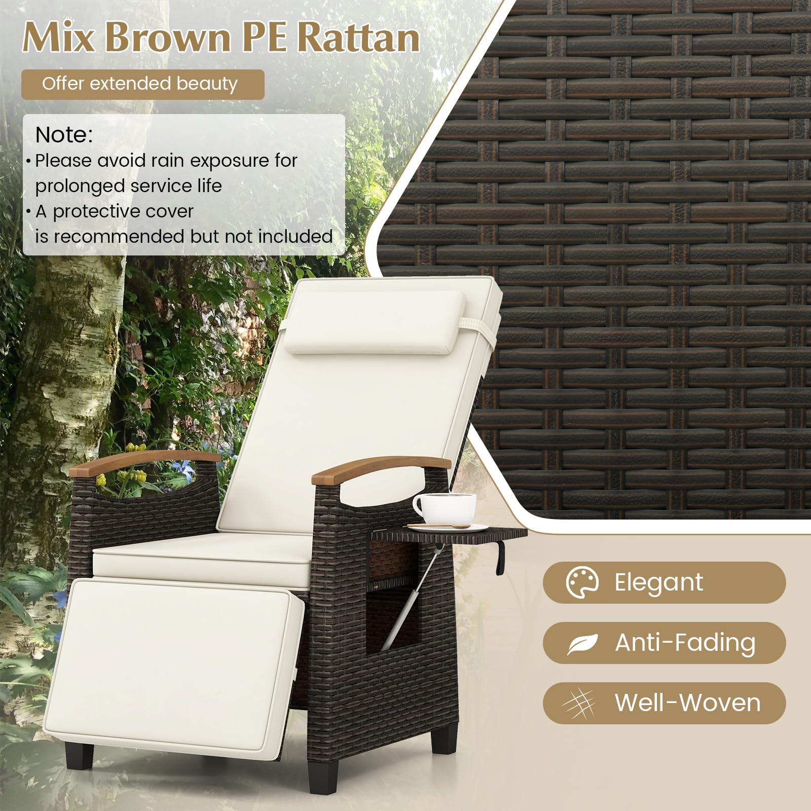Tangkula Patio Wicker Recliner Chair - Adjustable Rattan Lounge Chair with Flip Side Table & Cushion - Comfortable Outdoor Reclining Seat for Backyard, Porch, Lawn, Poolside - Perfect for Relaxing, Sunbathing & Outdoor Lounging (Off White)