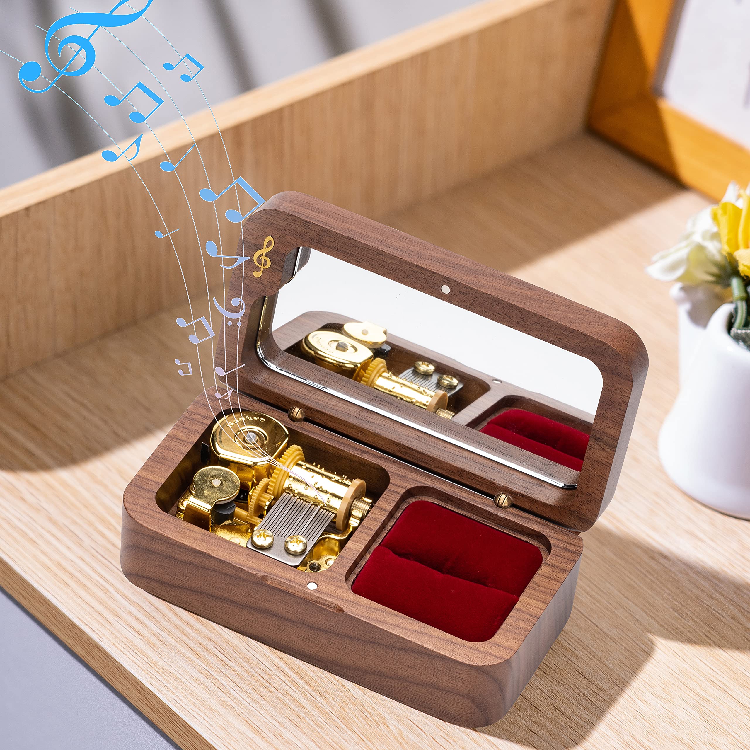 BELLA GLOBE Walnut Wood Music Box - 'Can't Help Falling in Love' Automatic Play Jewelry Gift Box for Women, Perfect Anniversary, Birthday Present for Wife & Girlfriend - Romantic Keepsake for Valentine's Day, Wedding Proposal & Special Moments