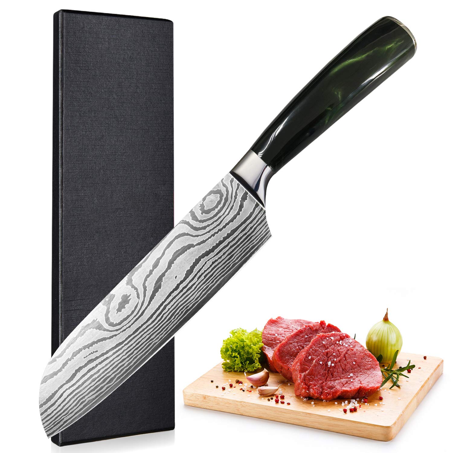 7-Inch Santoku Knife - German Steel Professional Sharp Kitchen Knife with Gift Box | Razor Sharp, Stain & Corrosion Resistant | Perfect for Home, Restaurant & Professional Chefs | Ideal for Slicing, Dicing & Chopping Vegetables, Meat & Fish