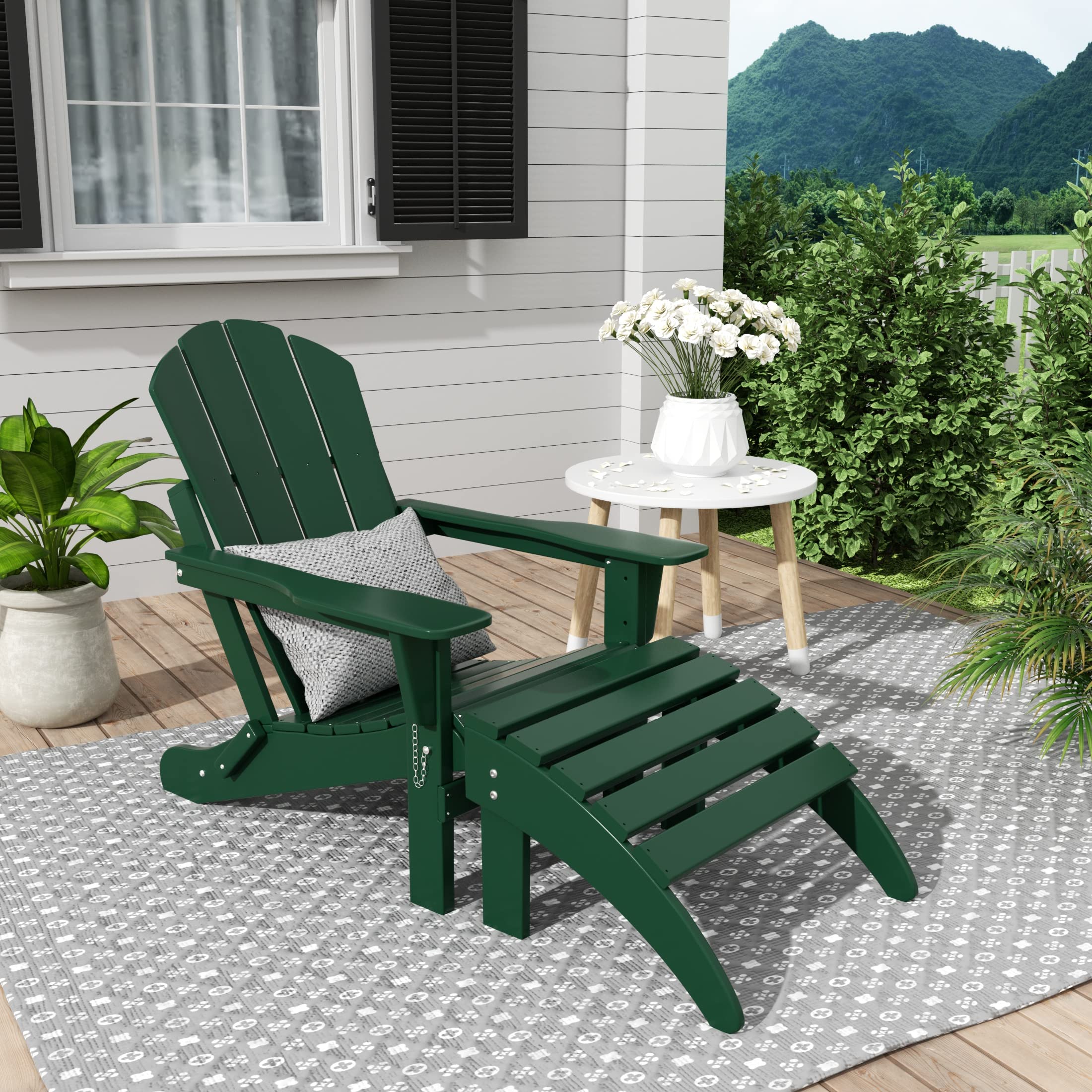 WestinTrends Malibu 2-Piece Outdoor Lounge Chair Set with Ottoman - All-Weather Poly Lumber Adirondack Chairs for Patio, Poolside, Garden, Backyard & Beach - Dark Green - Perfect for Relaxing in Sun or Shade