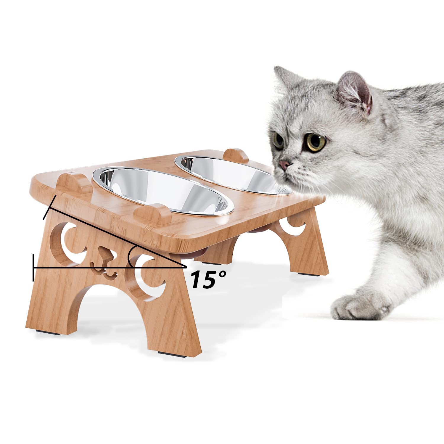 Tilted Raised Cat Bowls - Bamboo Feeder Set for Cats & Small Dogs (Walnut) - Perfect for Easy Feeding