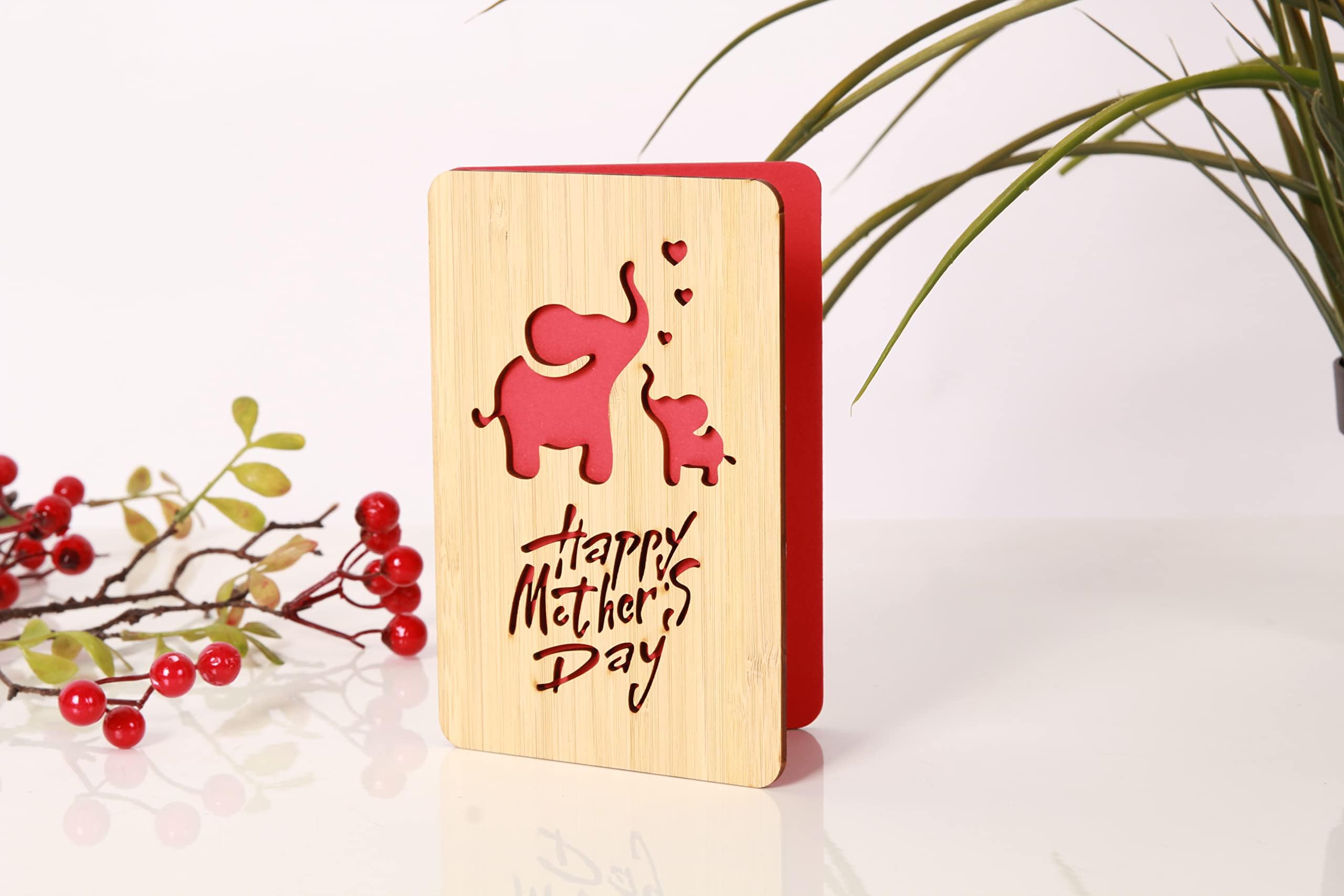 Handmade Bamboo Greeting Cards for Mother's Day - Wooden Thank You & Birthday Cards for Mom - Elephant Pattern Design - Perfect for Mother's Day Gifts, Birthday Presents & Special Occasions