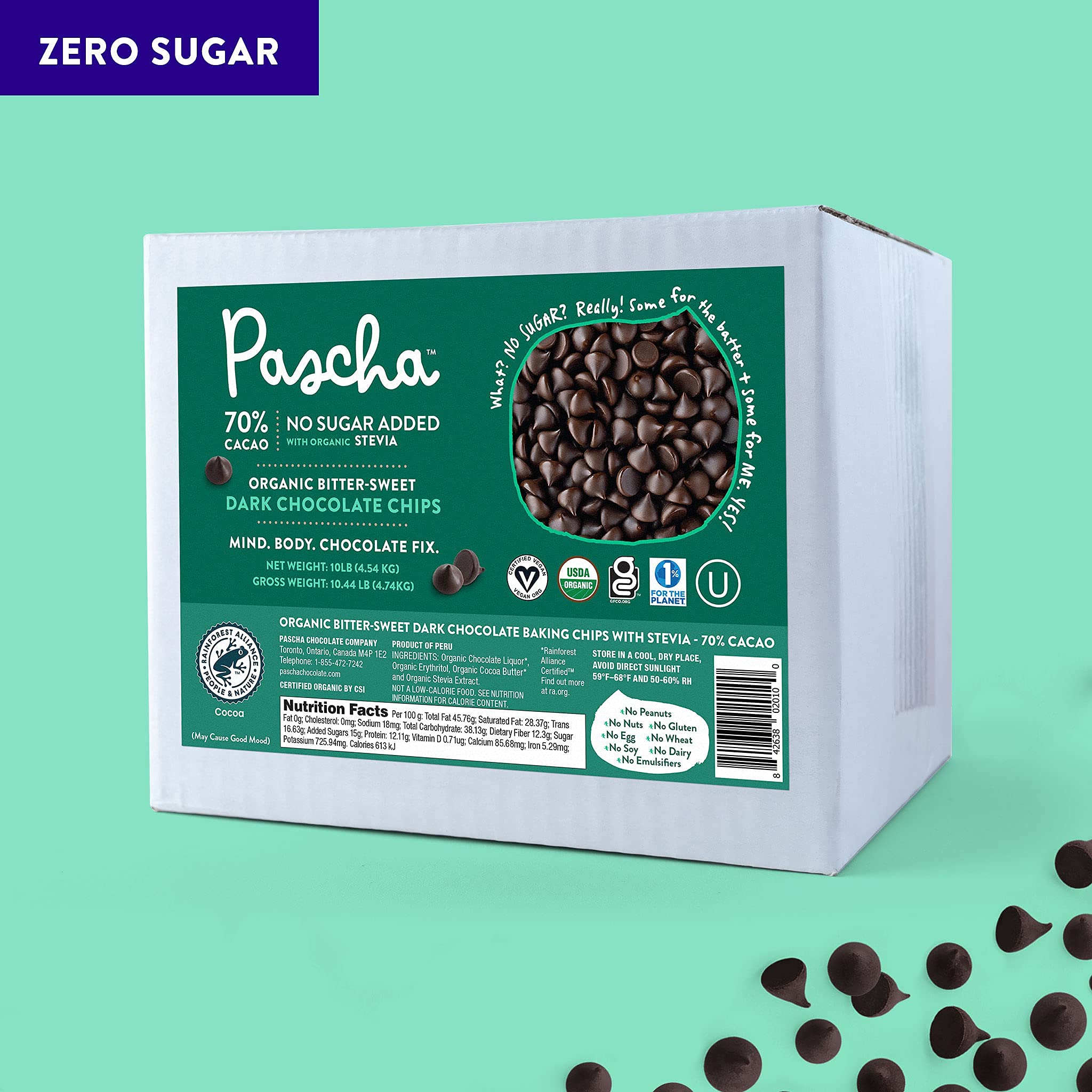 **Pascha Bulk Organic Chocolate Chips (10 lbs) – Keto, No Added Sugar, Vegan – Perfect for Baking, Desserts & Healthy Snacks**