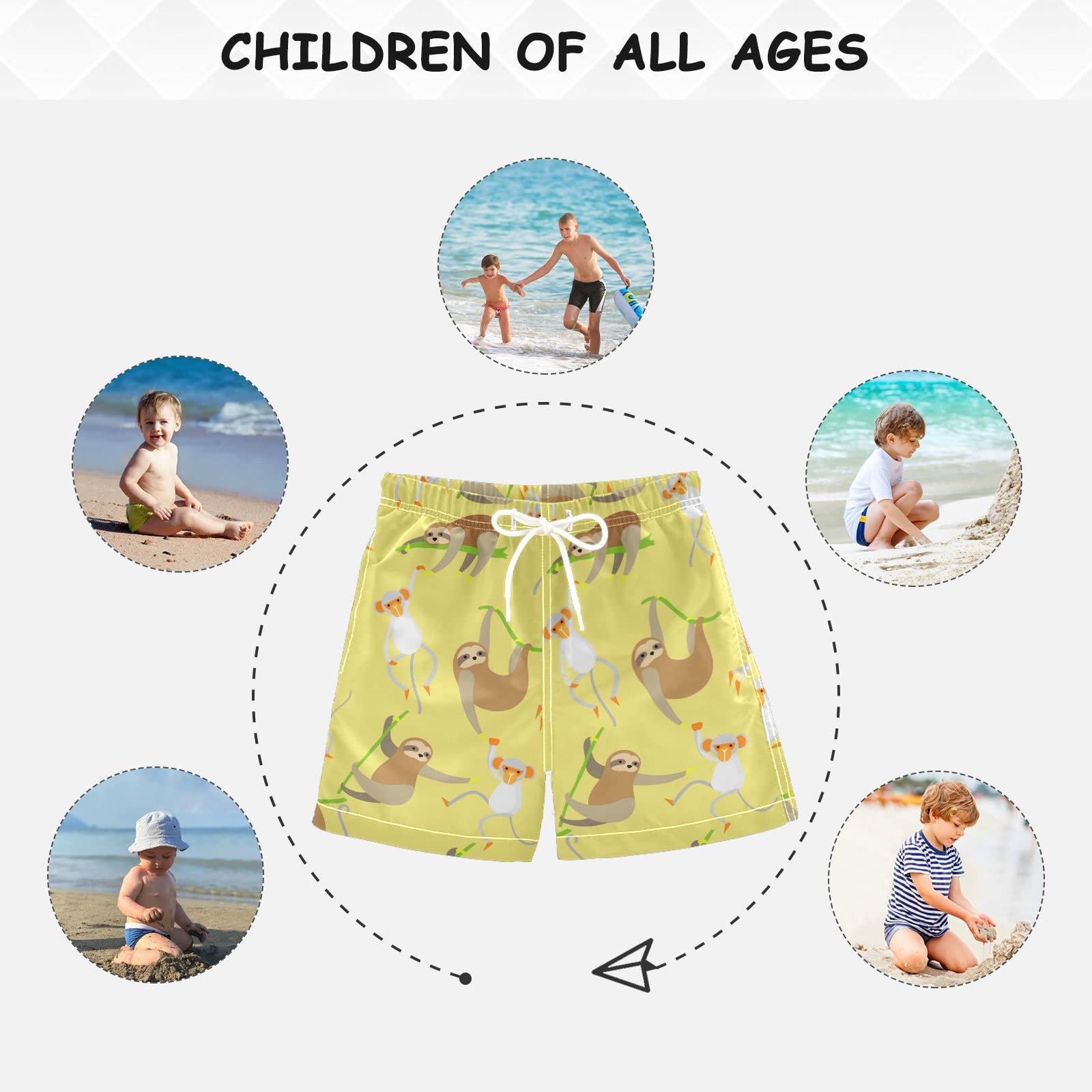 Adorable Monkey Sloth Boys Swim Trunks - Quick Dry Toddler Swimwear with Adjustable Waist | 2T-16 Sizes | Bright Yellow | Perfect for Beach, Pool & Summer Water Play
