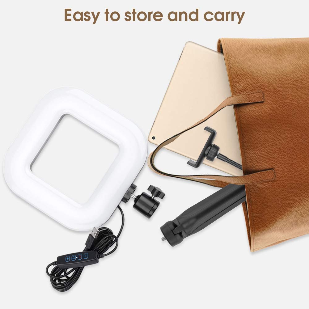 TAMOSH D21 7-Inch LED Square Fill Light with 3-Level Brightness Adjustment, USB-Powered Foldable Phone Tripod Holder - Perfect for YouTube Videos, TikTok Live Streaming & Product Photography
