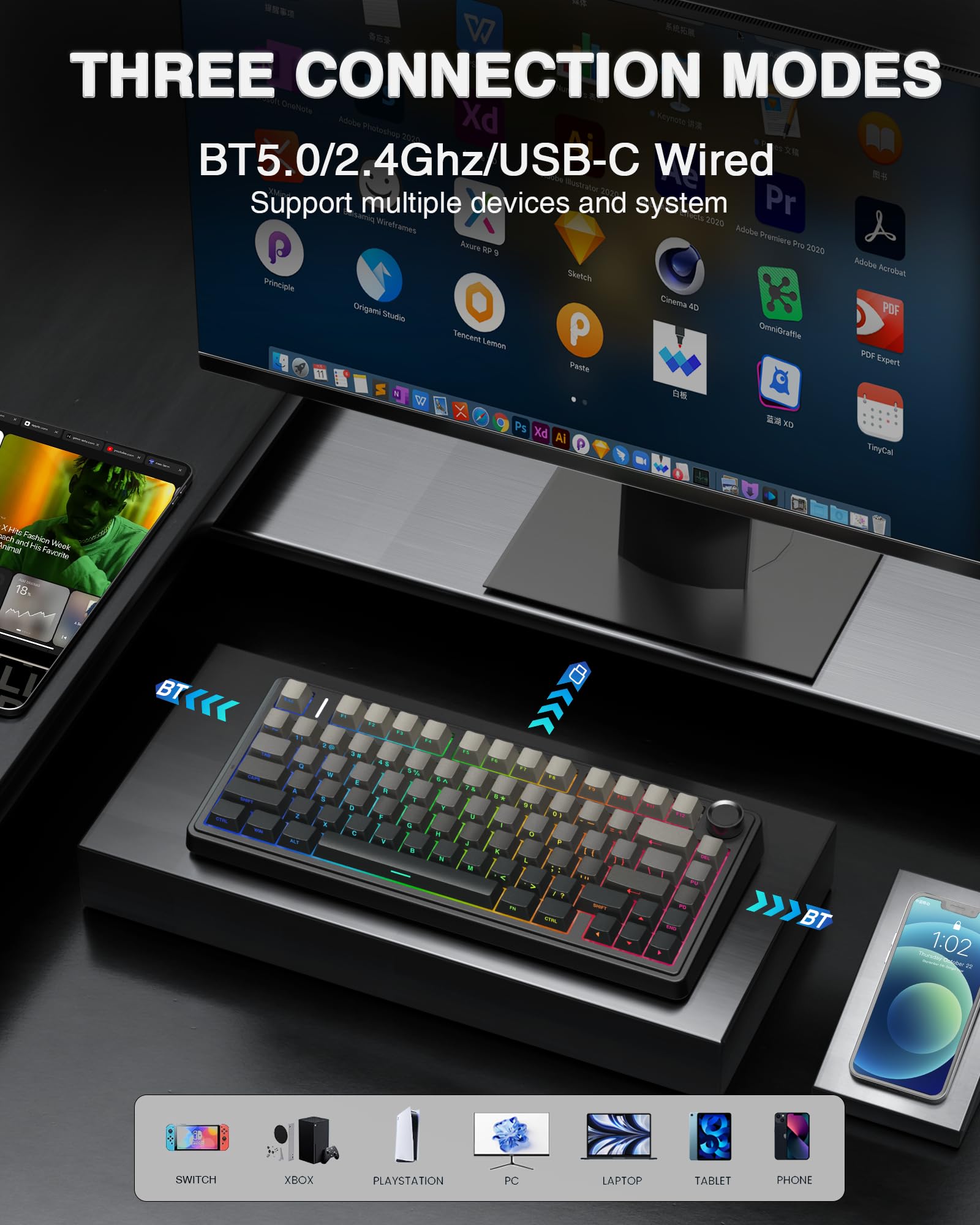 AULA F75 Wireless Mechanical Keyboard - 75% RGB Backlit for Gaming & Work