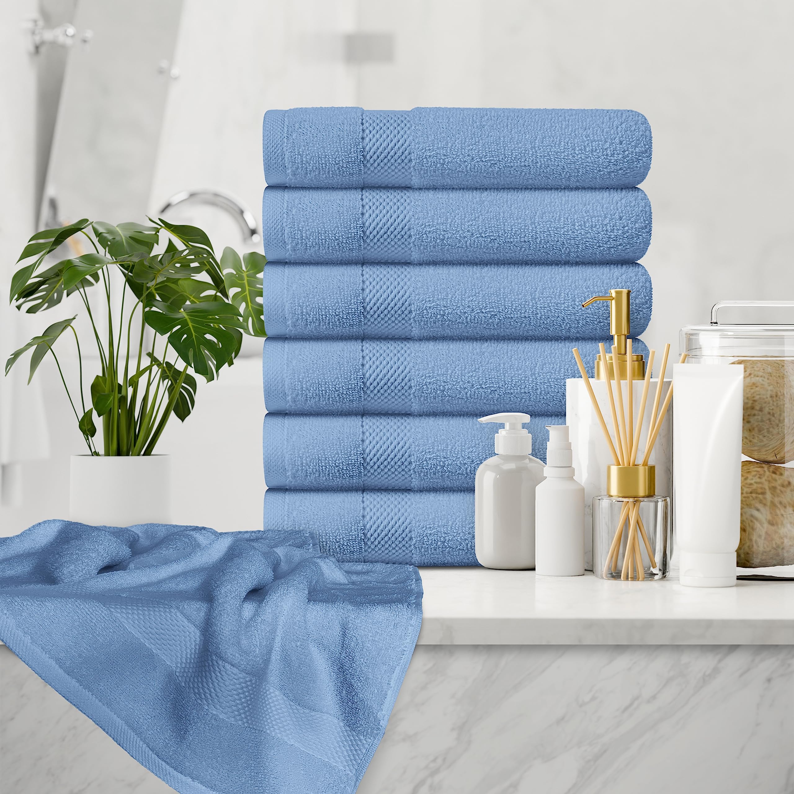 Premium White Luxury Hand Towels - 100% Cotton Hotel & Spa Bathroom Towels, 16x30 Inches, 6-Pack, Soft Light Blue - Perfect for Guest Bathrooms, Spas, and Upscale Hotels