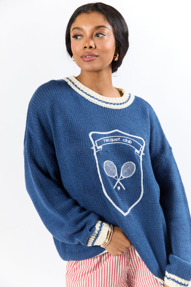 Racquet Club Navy Blue Crew Neck Sweater for Men - Classic Preppy Style Pullover for Tennis, Golf & Casual Wear