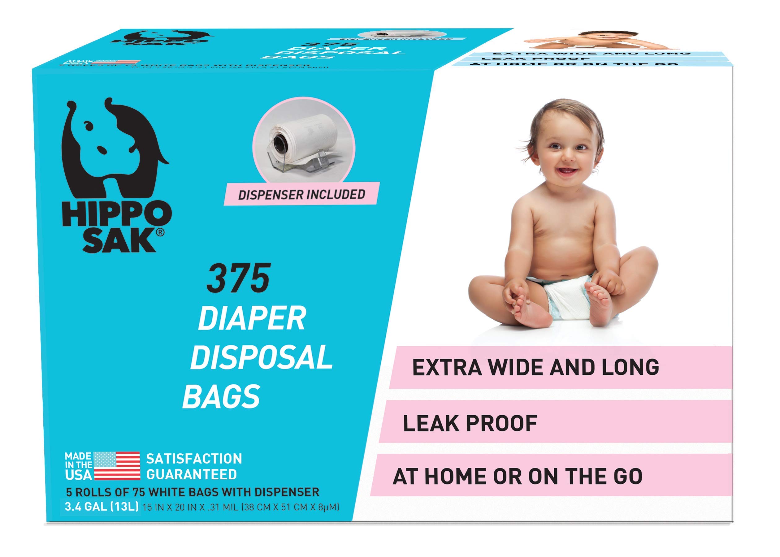 Hippo Sak Diaper Disposal Bags - 375 Count, White, Scented & Leak-Proof - Perfect for Diaper Pails, Travel & Nursery Use