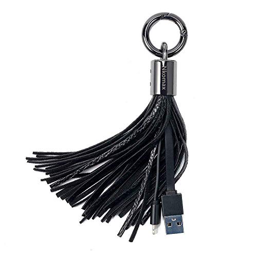 Lightning USB Leather Tassel Keychain iPhone Charger Cable - 7-Inch 2.4A Fast Charging Sync Cord for iPhone 14/13/12/11/X/8/7 & iPad - Durable Leather Keychain Design (Black) | Perfect for Travel, Office & Home Charging
