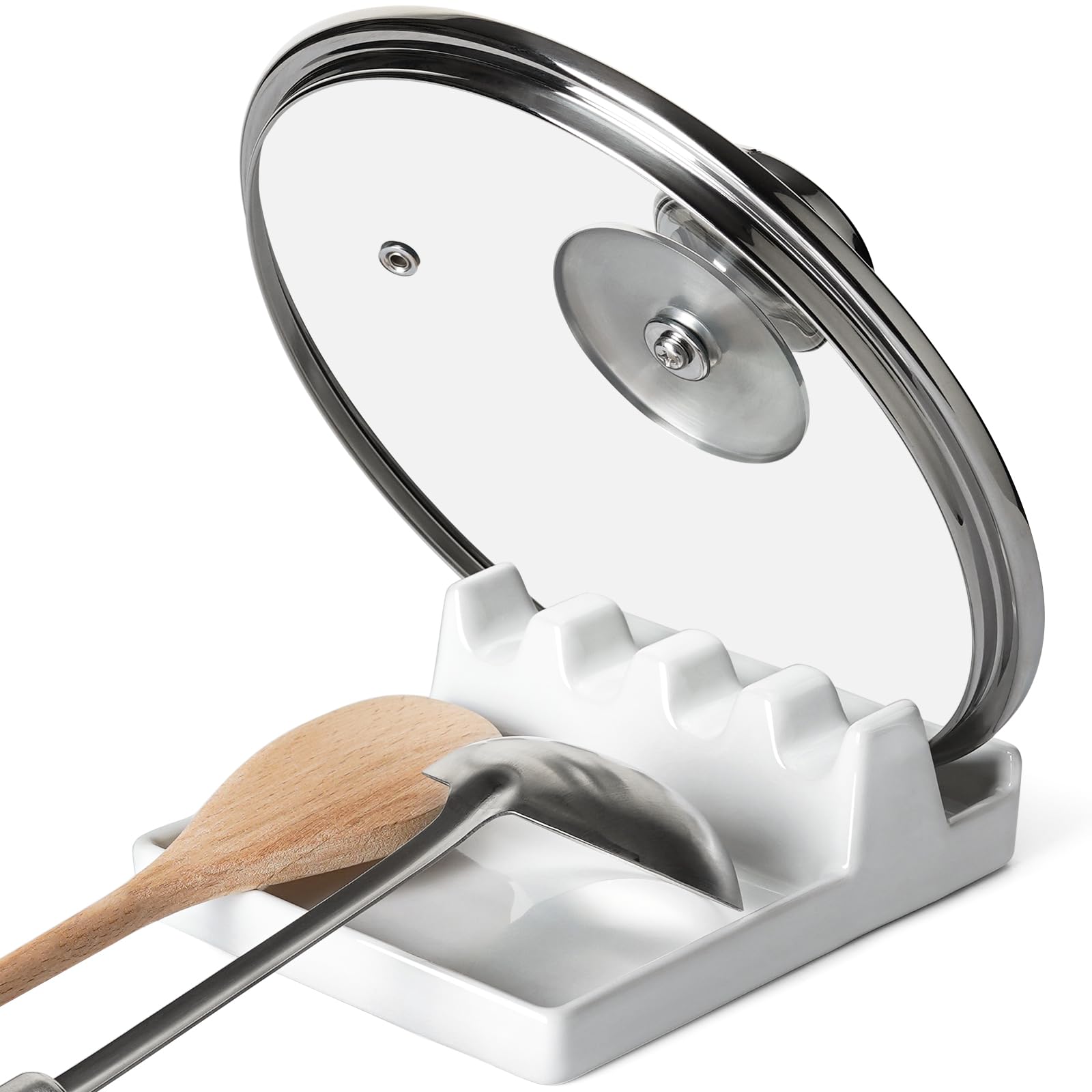 LE TAUCI Ceramic Spoon Rest for Stove Top - Heat-Resistant Kitchen Counter Utensil Holder with Drip Pad - Perfect for Cooking, Serving & Organizing Spoons, Lids & Multiple Utensils - 6.2 Inch White Spoon Rest Set of 1 - Great Housewarming Gift & Kitchen Essential