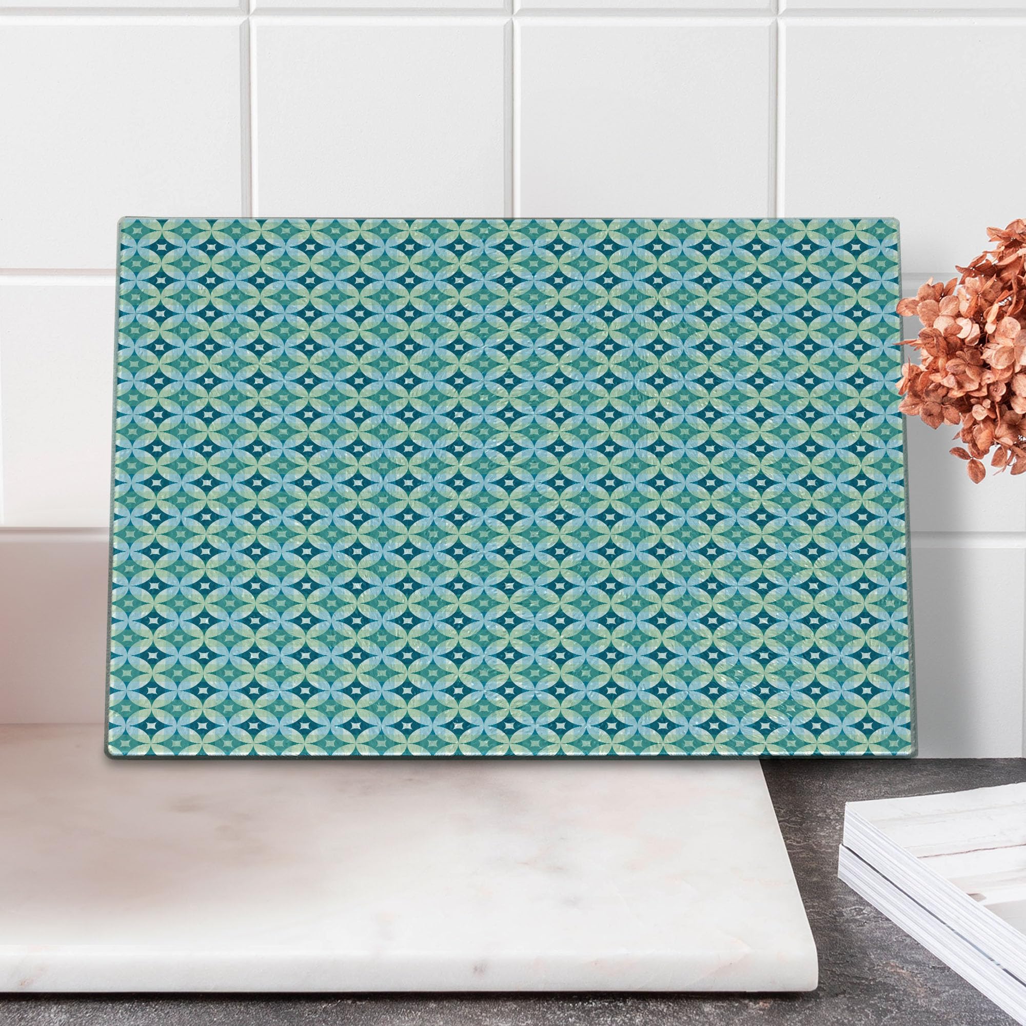 Ambesonne Vintage Diamond Pattern Tempered Glass Cutting Board - Small Size, Turquoise Teal - Geometric Argyle Design for Kitchen Decor & Serving - Perfect for Cheese, Charcuterie & Party Platters