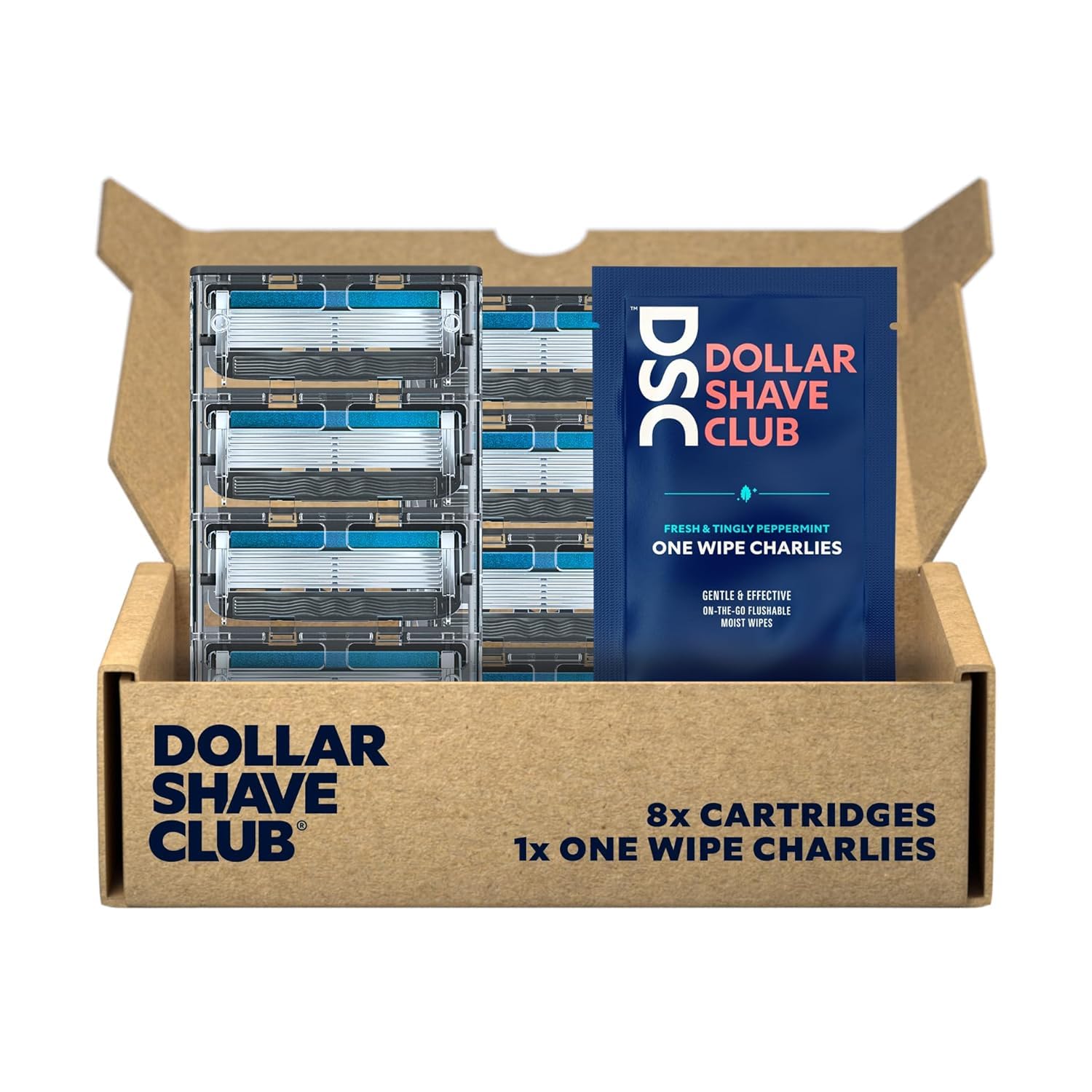 Dollar Shave Club 6 Blade Razor Refills (8 Pack) - 6 Stainless Steel Blades for Smooth & Comfortable Shave - Includes 1 One Wipe Charlies - Perfect for Travel, Gym & Daily Grooming Routine
