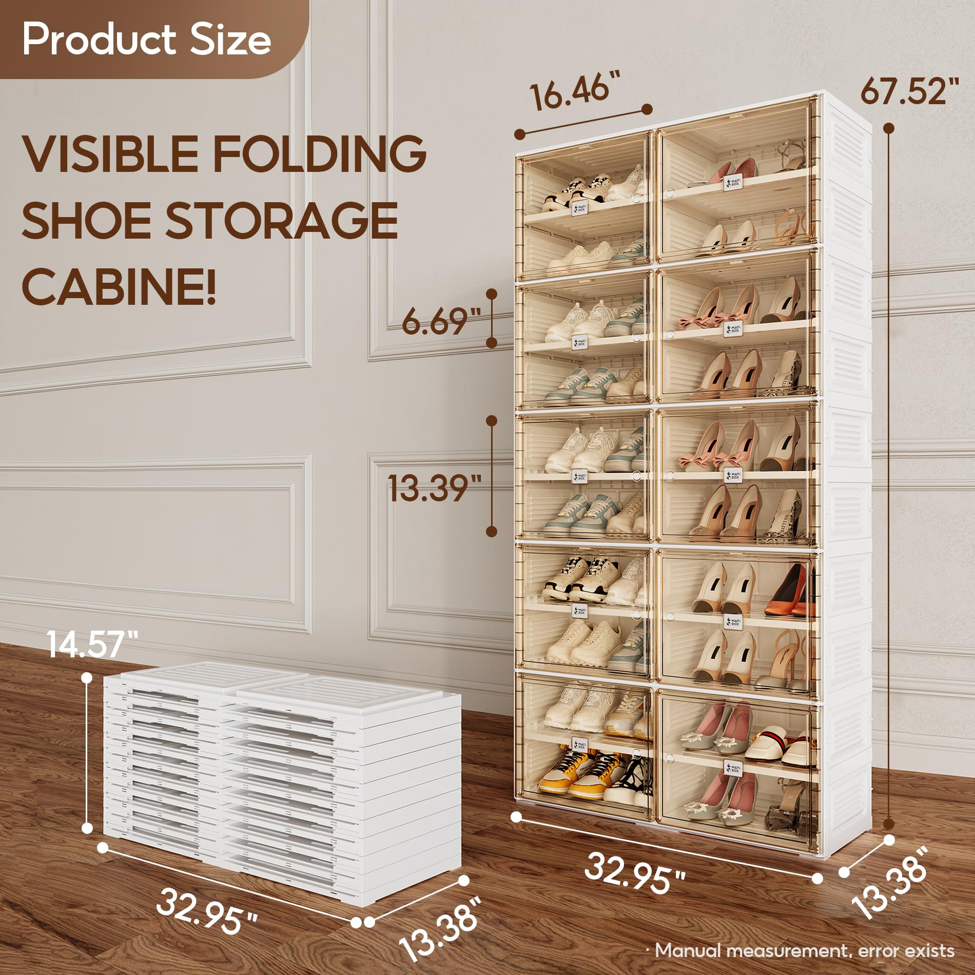 Portable Stackable Shoe Rack Organizer with Magnetic Clear Door - 10-Tier Sneaker Storage Cabinet for Closet & Entryway - Holds 40 Pairs of Shoes - Large Plastic Storage Bins with Lids - Perfect for Small Spaces, Apartments & Dorm Rooms