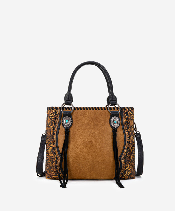 Trinity Ranch Floral Tooled Concho Tote Bag Set - Western Style Leather Handbag for Women - Perfect for Cowgirl Fashion, Rodeo Events & Country Outfits