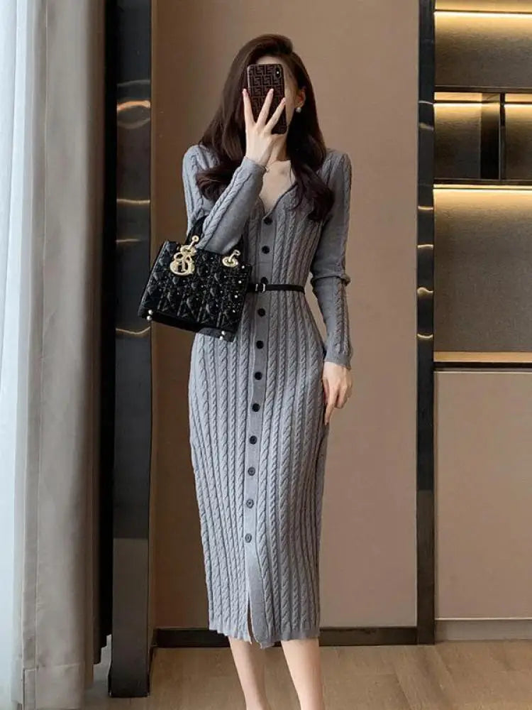 Women's Elegant Brown Knitted Sweater Dress - V-Neck Single Breasted Winter Office Wear with Side Split | Perfect for Work, Date Nights & Casual Outfits