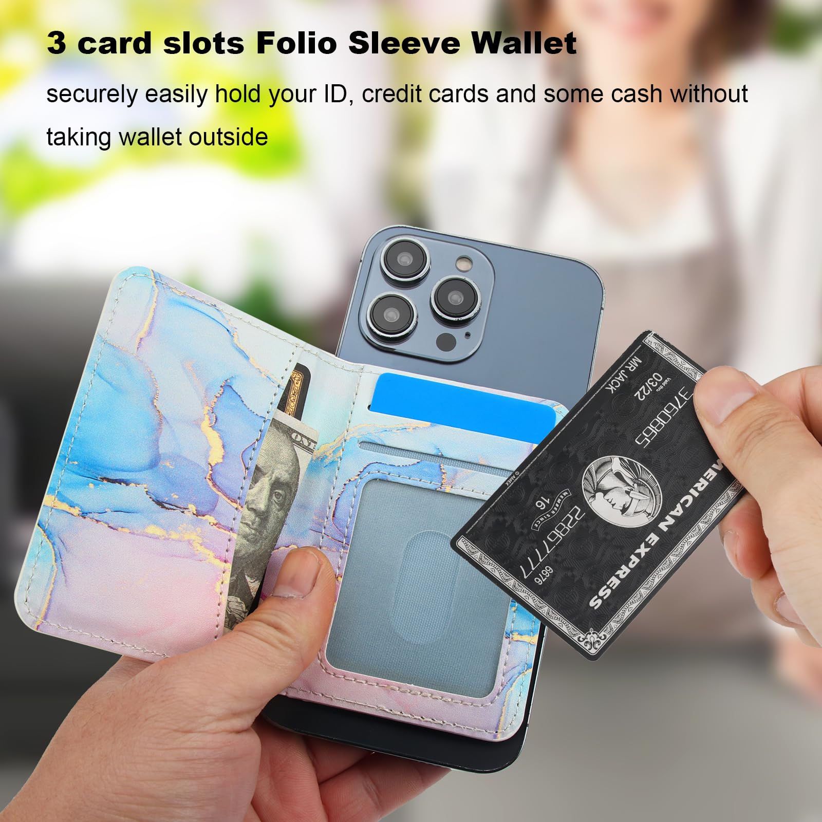 HAOPINSH Magnetic Wallet Card Holder for iPhone 16/15/14/13/12 Series - Detachable Adjustable Flip Leather Kickstand with RFID Blocking | Pink Blue Marble Pattern | Perfect for Travel, Shopping & Everyday Use with MagSafe Compatibility