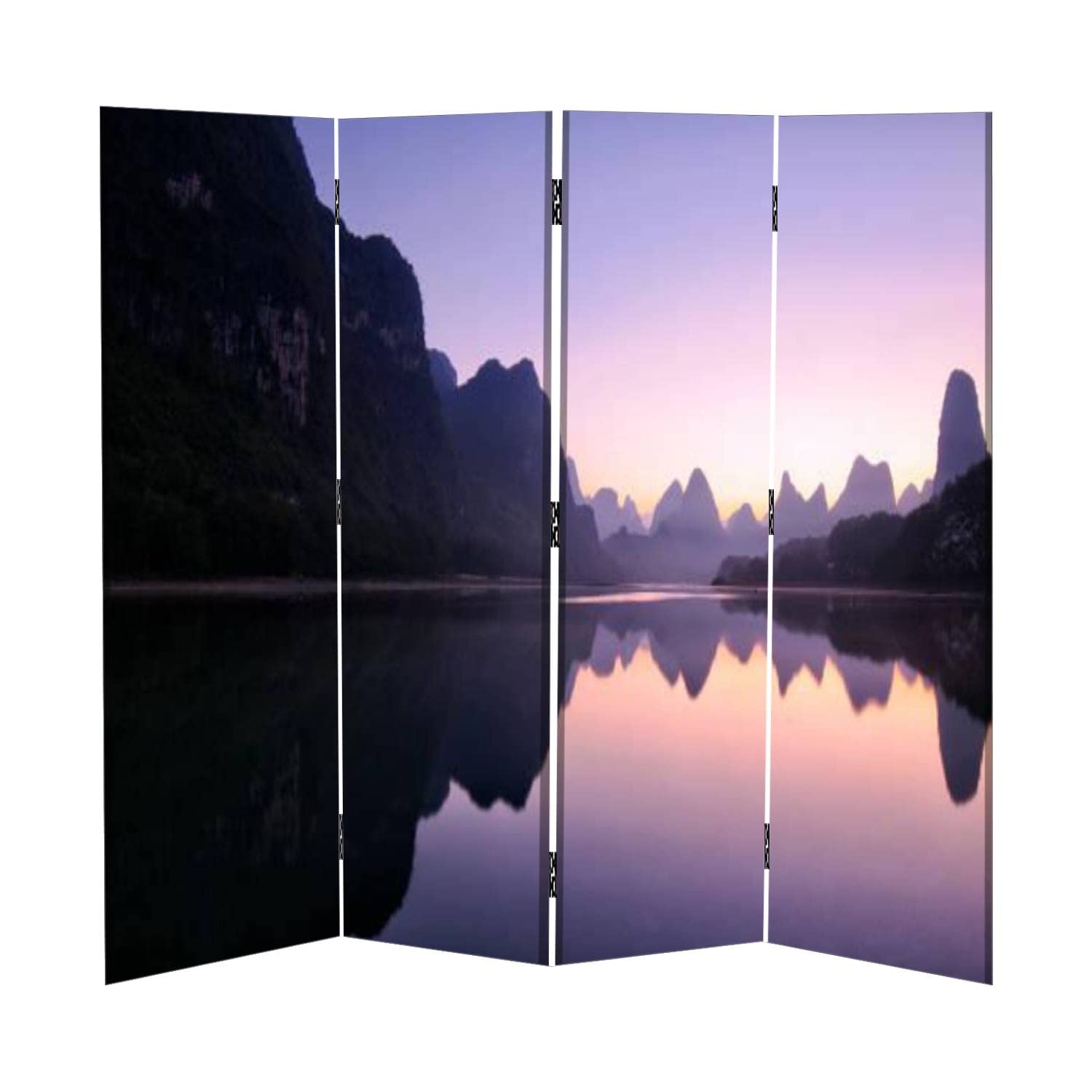 4 Panel Canvas Room Divider Screen - Mountain Reflections at Dawn Guilin China - Folding Privacy Partition for Home & Office | Temporary Wall Divider for Bedroom, Living Room & Workspace