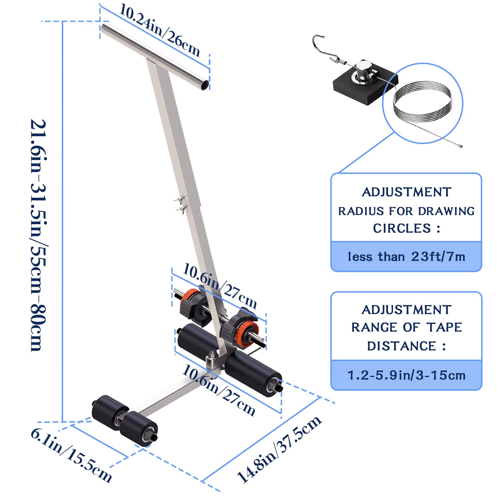 Professional Court Line Tape Machine - Adjustable Height 21.6-31.5 Inches for Basketball Courts, Driveways, Asphalt & Concrete Surfaces - Perfect for Drawing Custom Lines and Circles (Basic Model) - Ideal for Sports Field Marking, Parking Lot Layouts, and Construction Site Planning