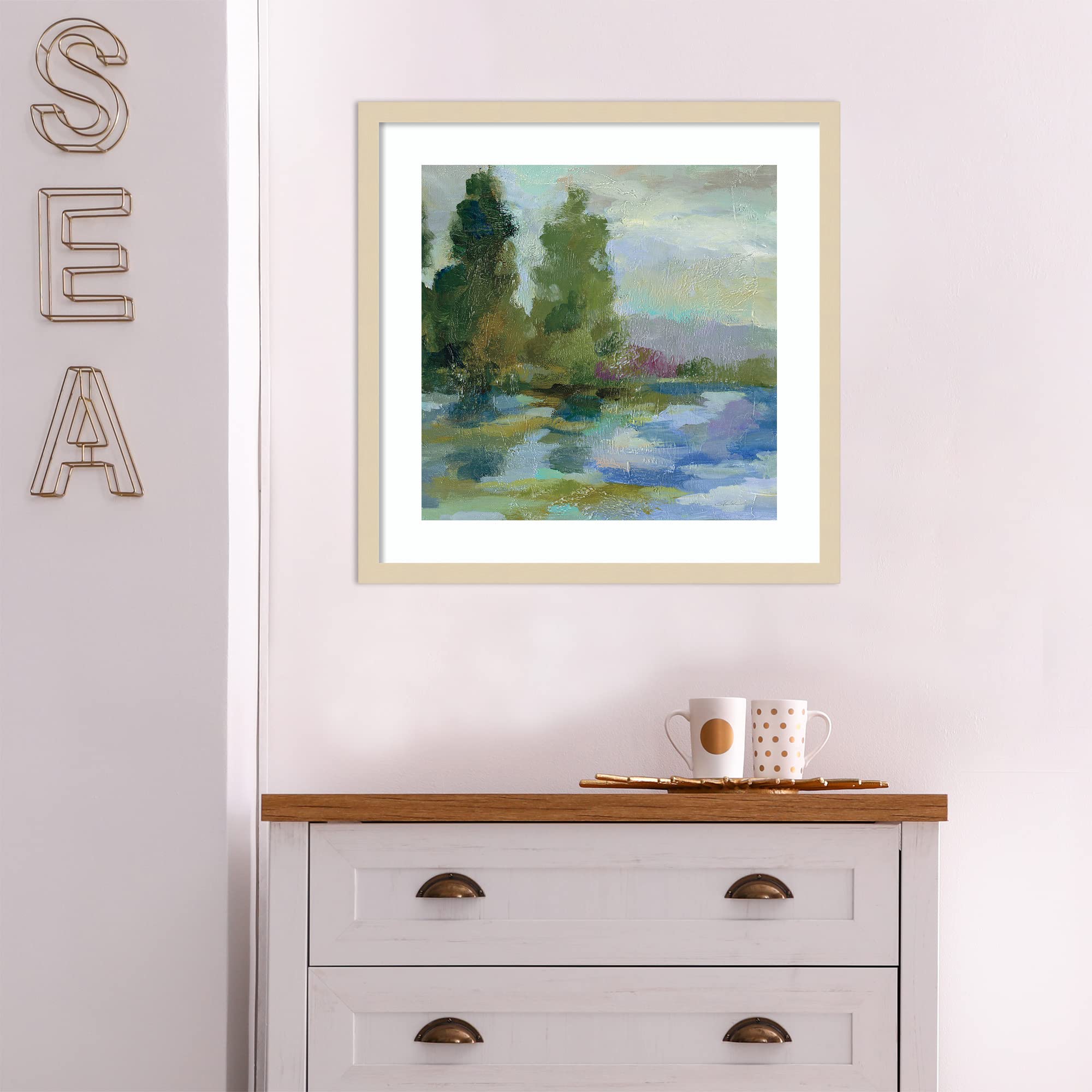 Amanti Art Framed Wall Art Print - 21x21 Sunrise at the Lake Landscape Painting by Silvia Vassileva | Modern Contemporary Home Decor for Living Room, Bedroom, Bathroom | Perfect for Coastal & Nature-Inspired Interior Design