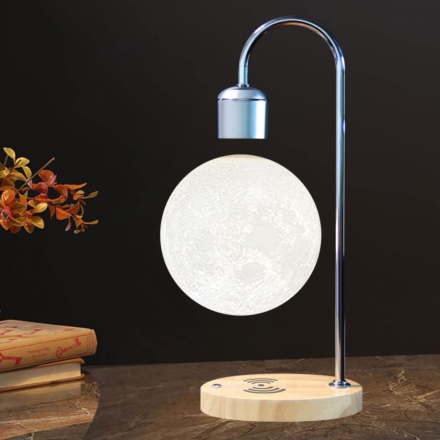 Levitating Moon Lamp with Wireless Charger - Floating LED Night Light for Apple & Android - Magnetic Levitation 3D Desk Lamp for Home Office Decor, Unique Christmas Gift - Perfect for Bedroom, Nursery & Romantic Ambiance
