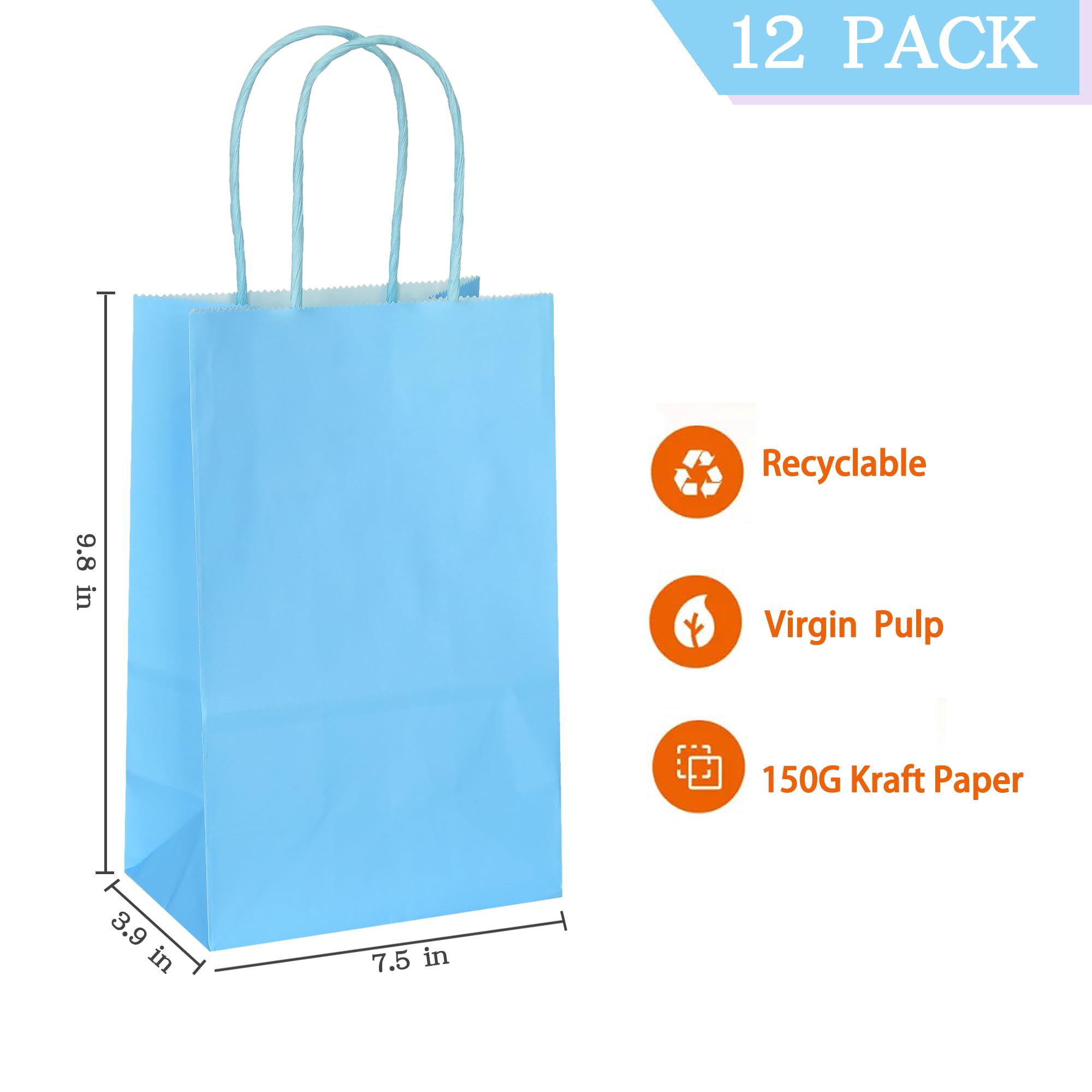 AZOWA 12-Pack Large Kraft Paper Gift Bags with Handles - 7.5 x 3.9 x 9.8 Inches, Light Blue - Perfect for Birthday, Wedding, Party Favors & Holiday Gift Wrapping