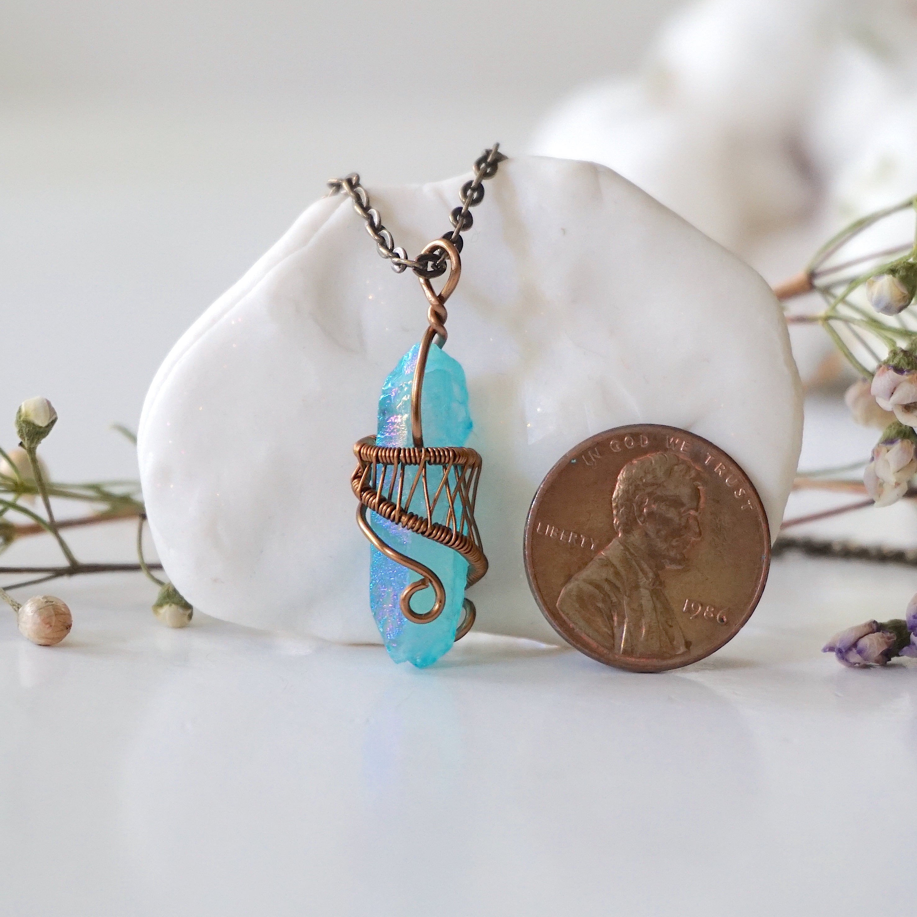 Aqua Aura Quartz Necklace - Healing Crystal Point Pendant with Antique Bronze Chain | Spiritual Jewelry for Meditation, Energy Cleansing & Chakra Balancing