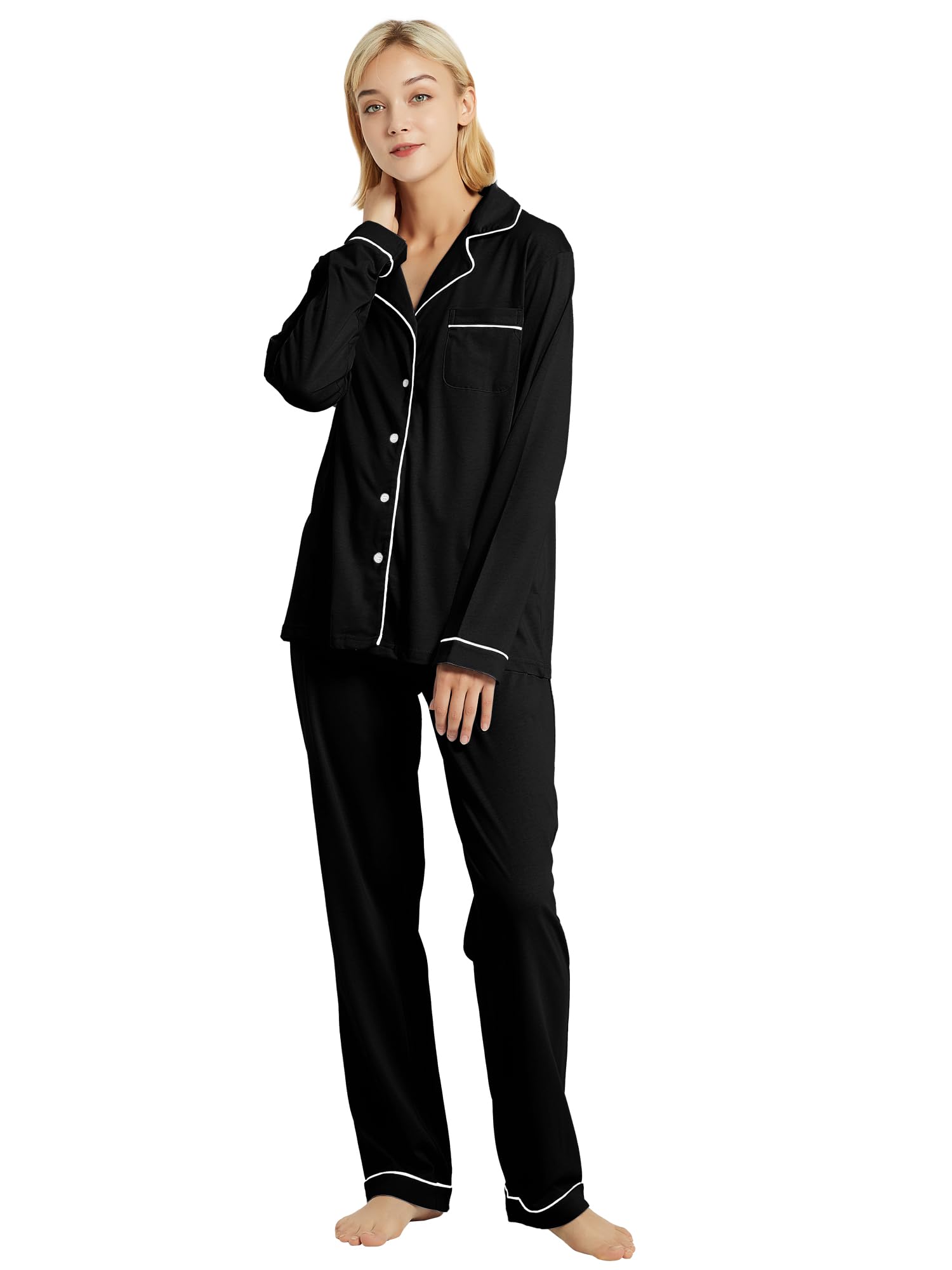 Soft Cotton Women's Pajama Set - Long Sleeve Button-Down Sleepwear for Lounge & Nighttime Comfort