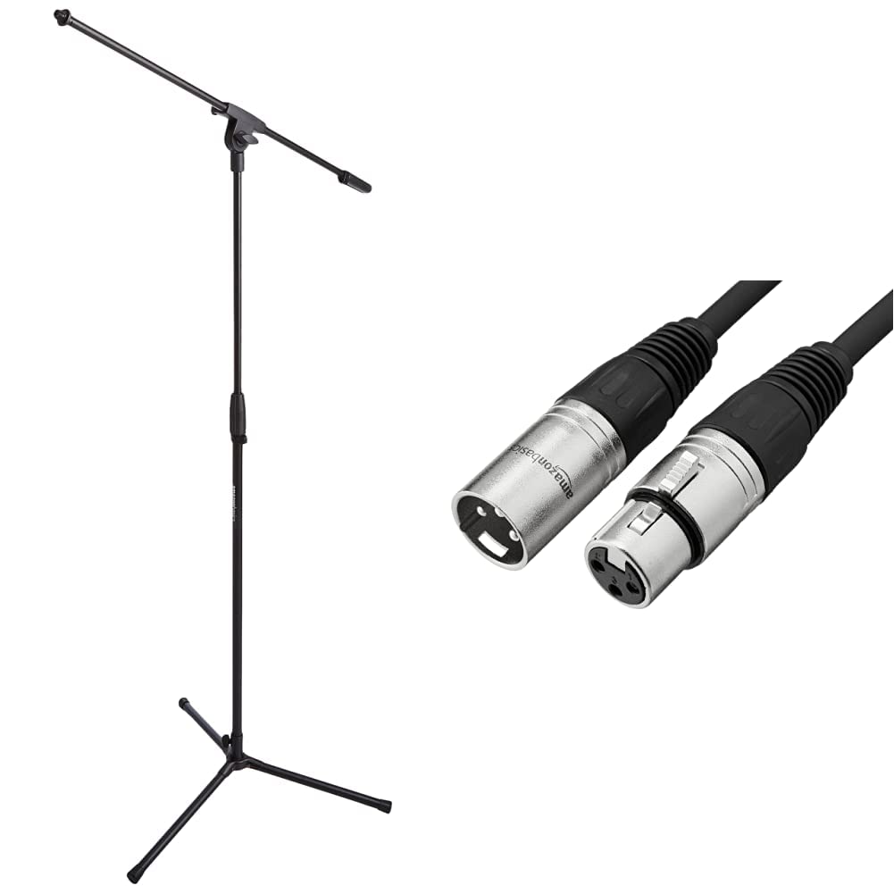 Amazon Basics Tripod Boom Microphone Stand with XLR Male to Female Cable - 10ft Black | Professional Studio Recording, Podcasting & Live Streaming Equipment