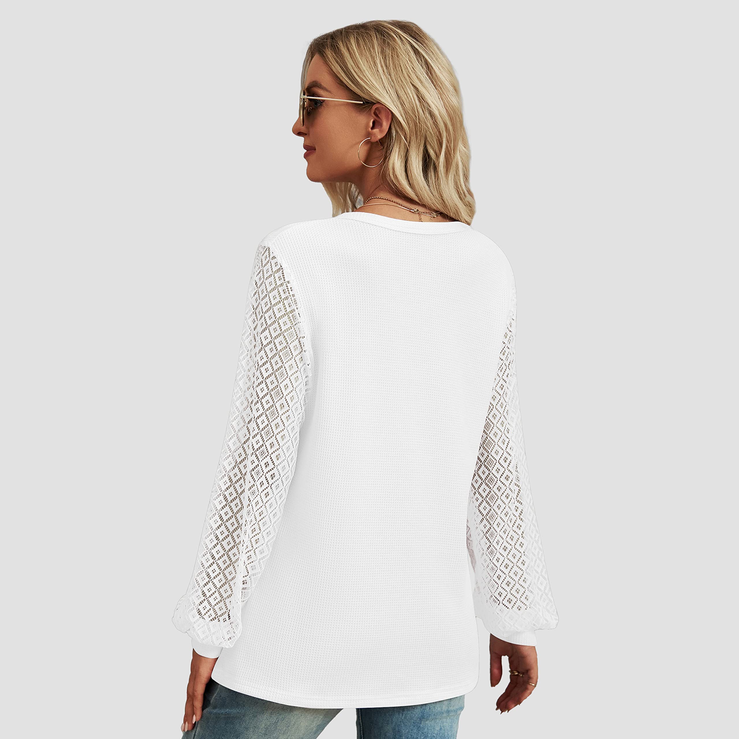 Famulily Women's Long Sleeve Lace Shirt - Waffle Knit Casual Button Up V-Neck Henley Top | Perfect for Work, Date Night & Everyday Wear