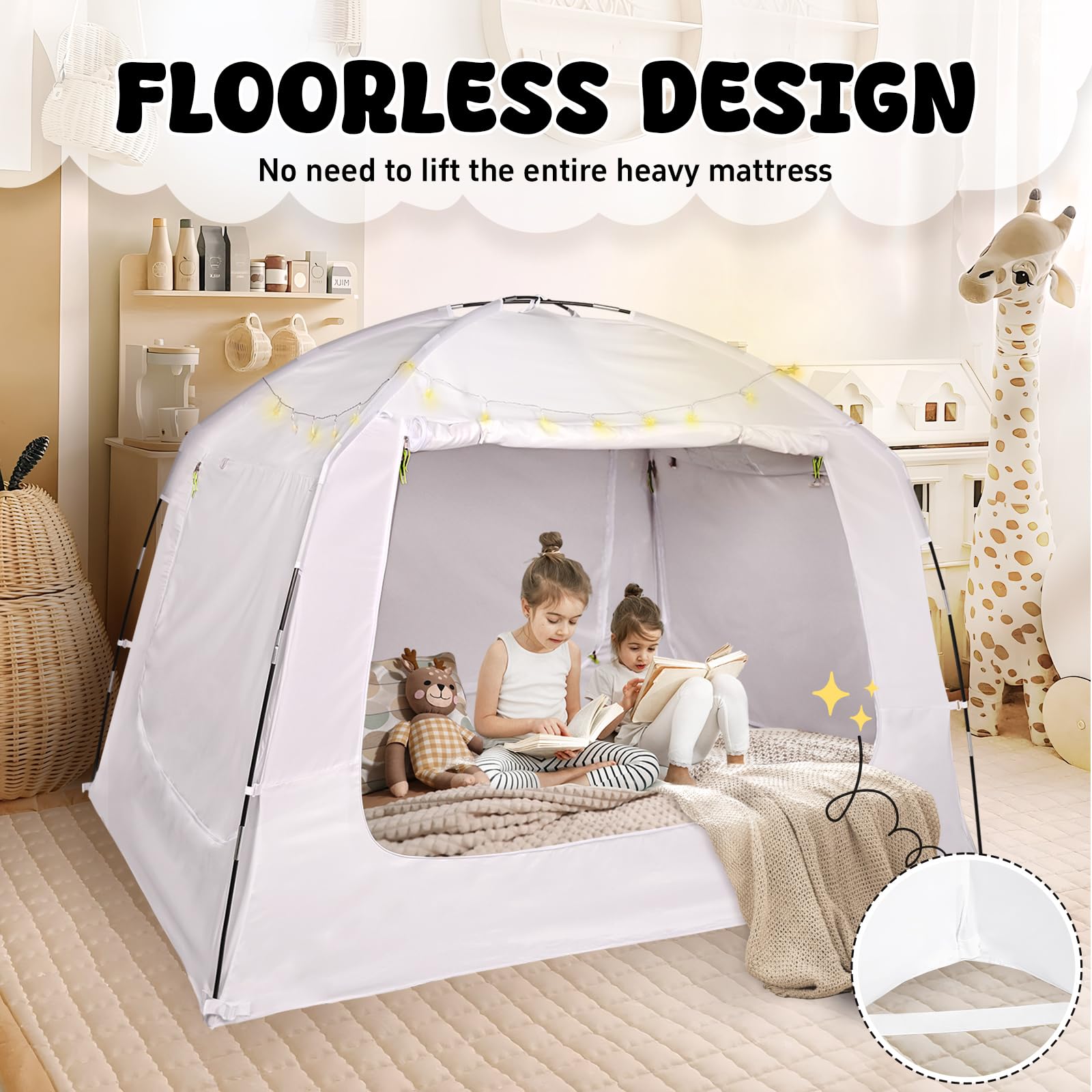 **Queen Size Bed Tent Canopy for Kids & Adults - 100% Breathable, 4 Doors, 80% Blackout - Indoor Portable Privacy Sleeping Tent with String Lights - Perfect for Camping, Bedroom Privacy & Cozy Sleepovers**