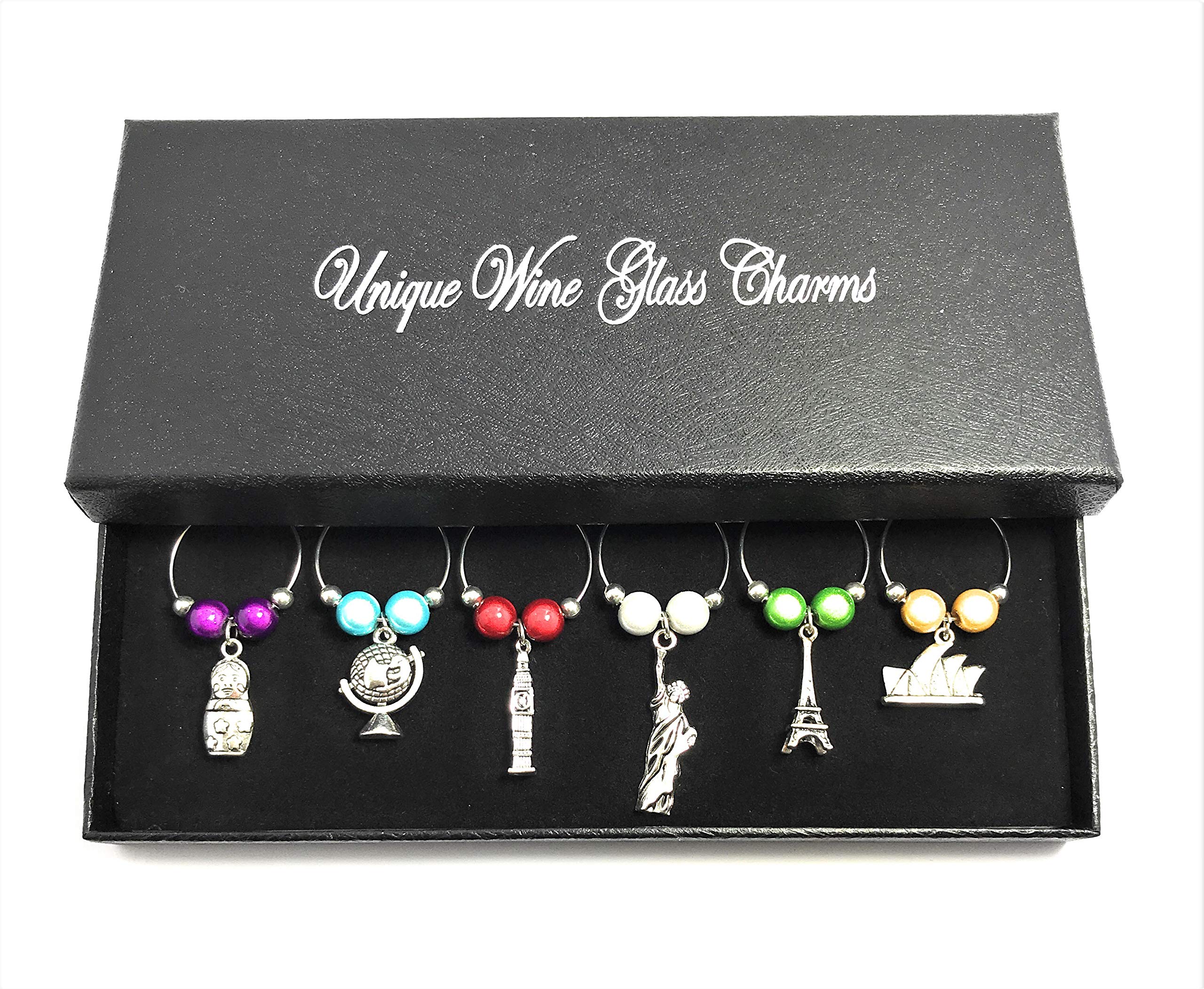 Libby's Market Place Set of 6 Around The World Wine Glass Charms with Gift Box - Perfect for Wine Tasting Parties, Bridal Showers & Hostess Gifts