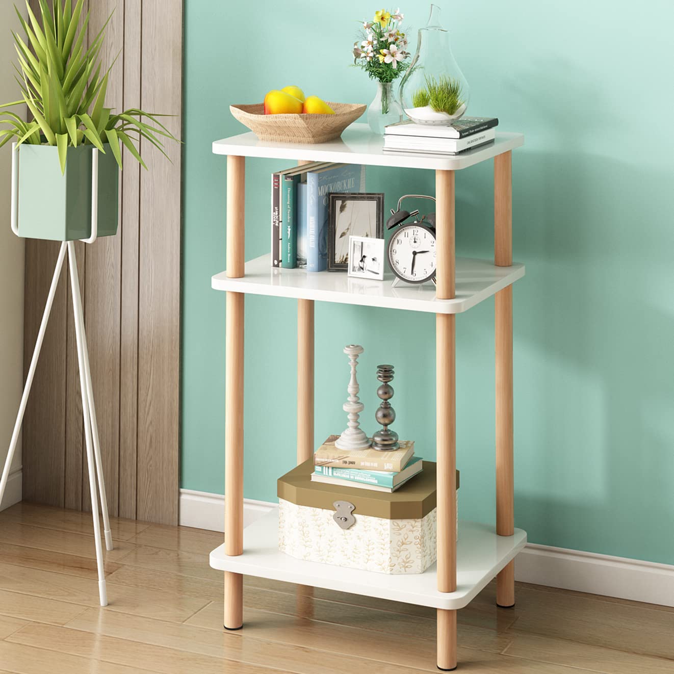 Exilot 3-Tier Side Table - Tall End Table with Storage Shelf, Wooden Nightstand for Bedroom, Living Room & Office - Easy No-Tool Assembly in White - Perfect for Small Spaces, Apartment Decor & Bedside Organization