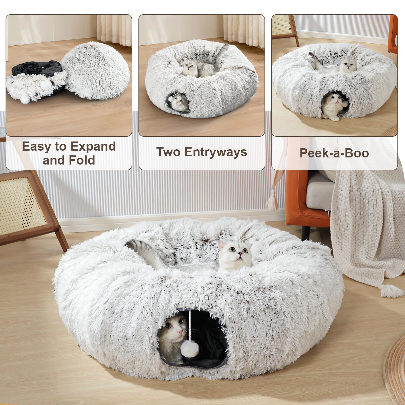 Cat Tunnel Bed for Indoor Cats - Donut Shaped Play Tube with 6 Snap Fasteners & Included Cat Toys | Peekaboo Hideaway for Kittens, Rabbits & Ferrets | Perfect for Playtime, Napping & Small Pet Enrichment