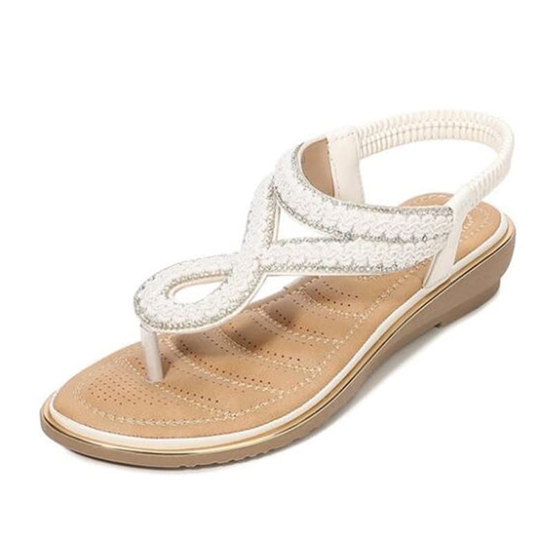 EastMetal Gladiator Sandals for Women - Bohemian Fashion Summer Beach Shoes with Diamond Pine Band Platform, Large Size Ladies Sandals (White, Size 9) - Perfect for Beach Vacations, Music Festivals & Boho Chic Outfits