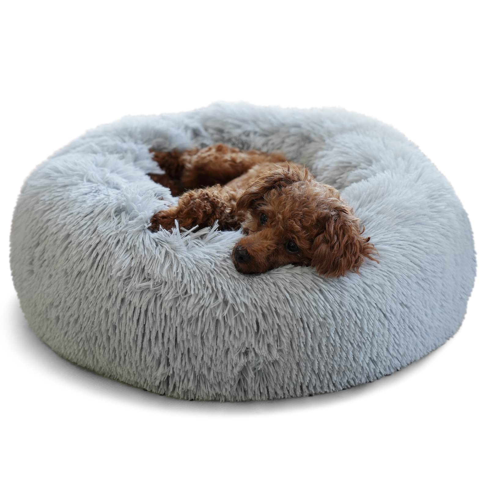 Nononfish Washable Super Soft Fluffy Donut Dog Bed for Small Dogs & Cats - Plush Calming Pet Bed for Crate, Indoor Use, Grey - Perfect for Puppies, Kittens & Small Pets to Relax & Sleep Comfortably