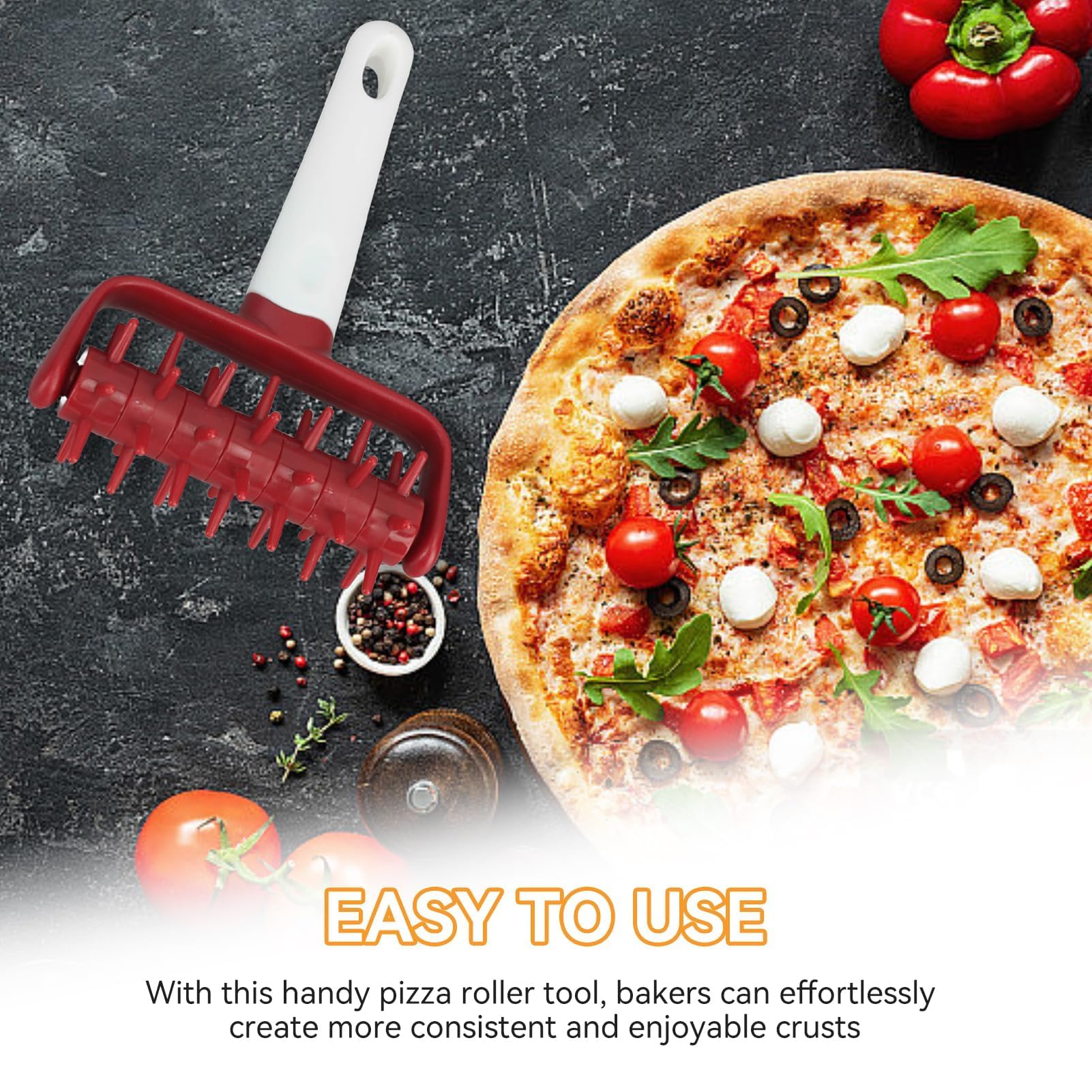 Pizza Dough Docker Roller with Spikes - Plastic Pastry Docking Tool for Homemade Baking, Prevents Dough Blistering (Red) - Perfect for Pizza, Pie Crusts, Crackers & Flatbreads