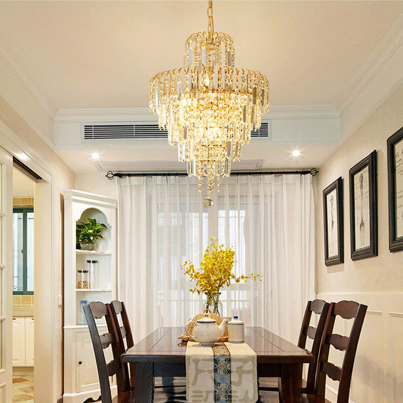 Luxury Crystal Chrome Chandelier - French Empire Style 4-Light K9 Raindrop Ceiling Pendant Light - Adjustable Contemporary Hanging Fixture for Dining Room, Living Room, Hotel Foyer - Gold Finish - Perfect for Elegant Home Decor & Commercial Spaces