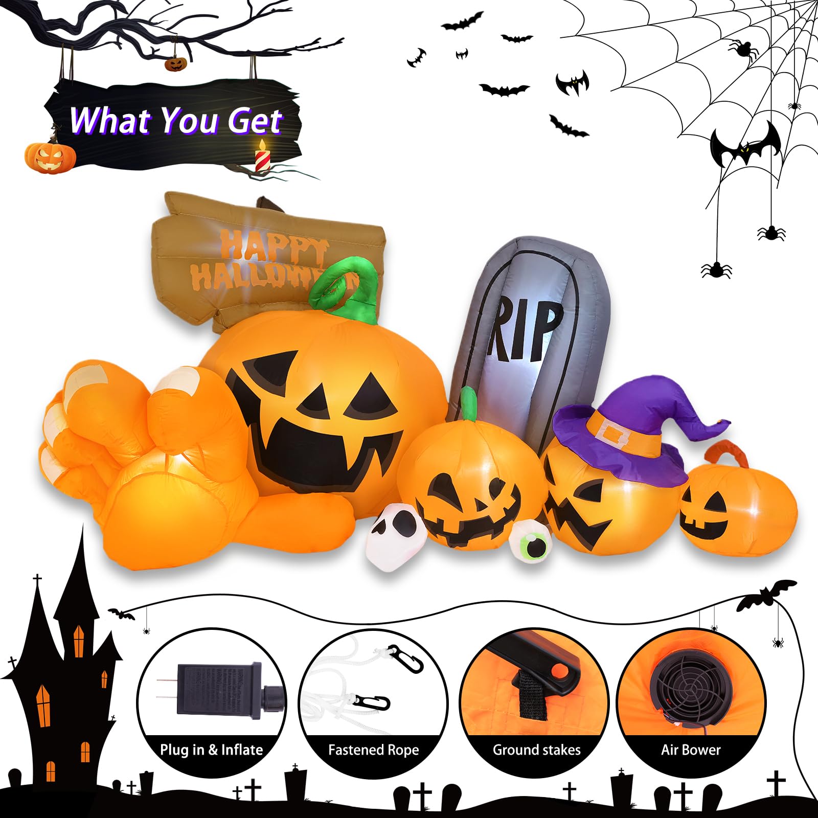 Garma 6.2 FT Halloween Inflatable Pumpkin Outdoor Decor with Built-in LED Lights, Gravestone & Witch Hat - Perfect for Halloween Party, Yard, Lawn, Garden, and Indoor Decorations | Spooky Holiday Atmosphere Creation