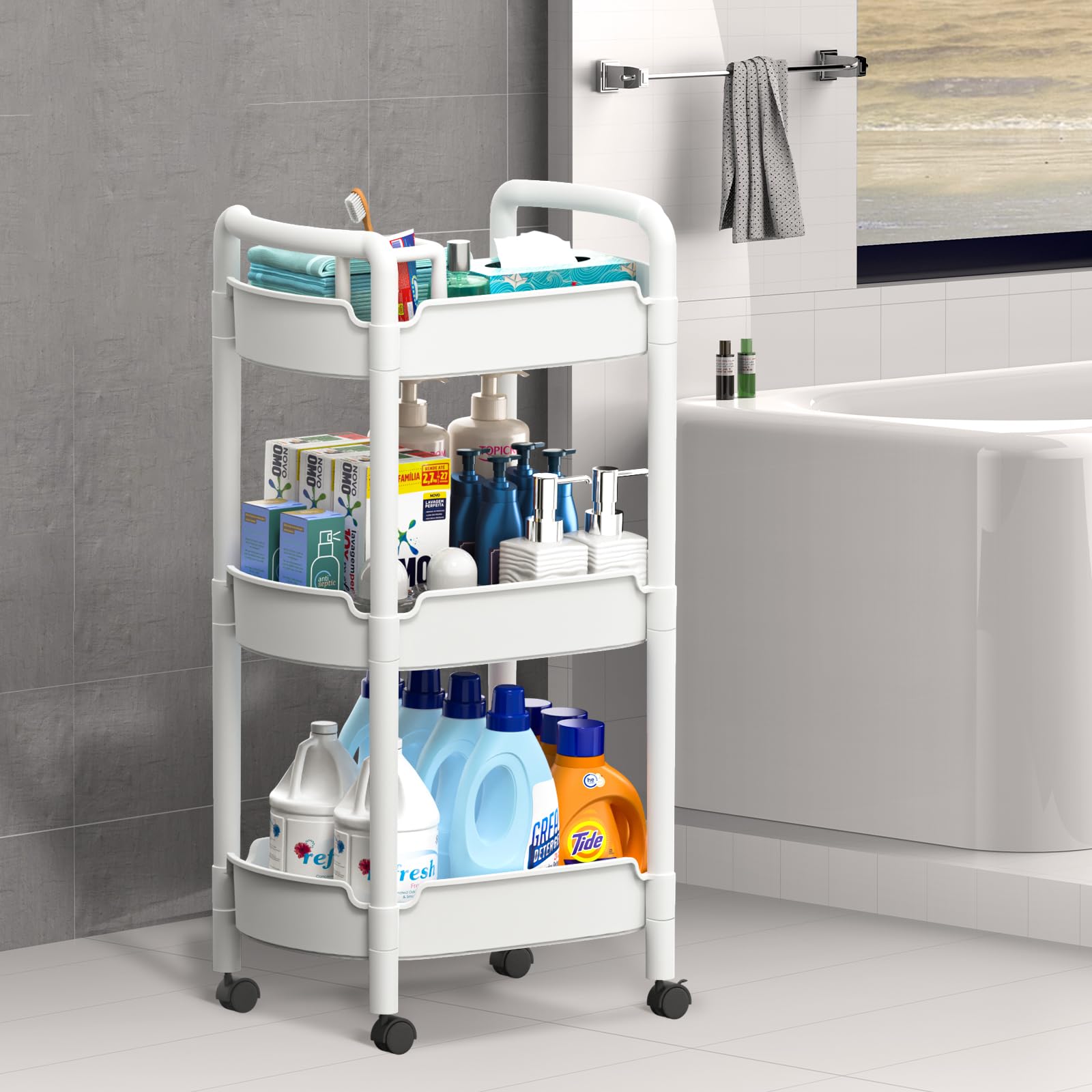 HUXMEYSON 3-Tier Rolling Utility Cart with Lockable Wheels - Multi-Purpose Storage Cart for Kitchen, Bathroom, Office - White Plastic Mobile Organizer with Handle | Perfect for Home Organization, Salon Supplies & Classroom Storage