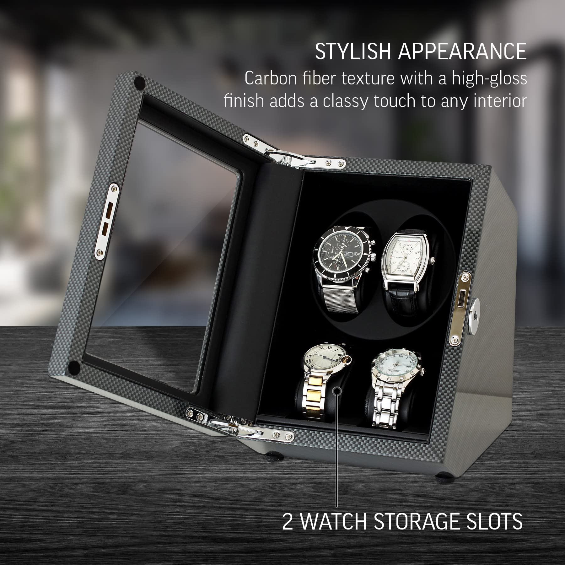 Premium Double Watch Winder with 2 Storage Slots - Automatic Watch Display Case with Quiet Motor & Battery/USB Power Options - Perfect for Watch Collectors & Luxury Watch Storage at Home/Office