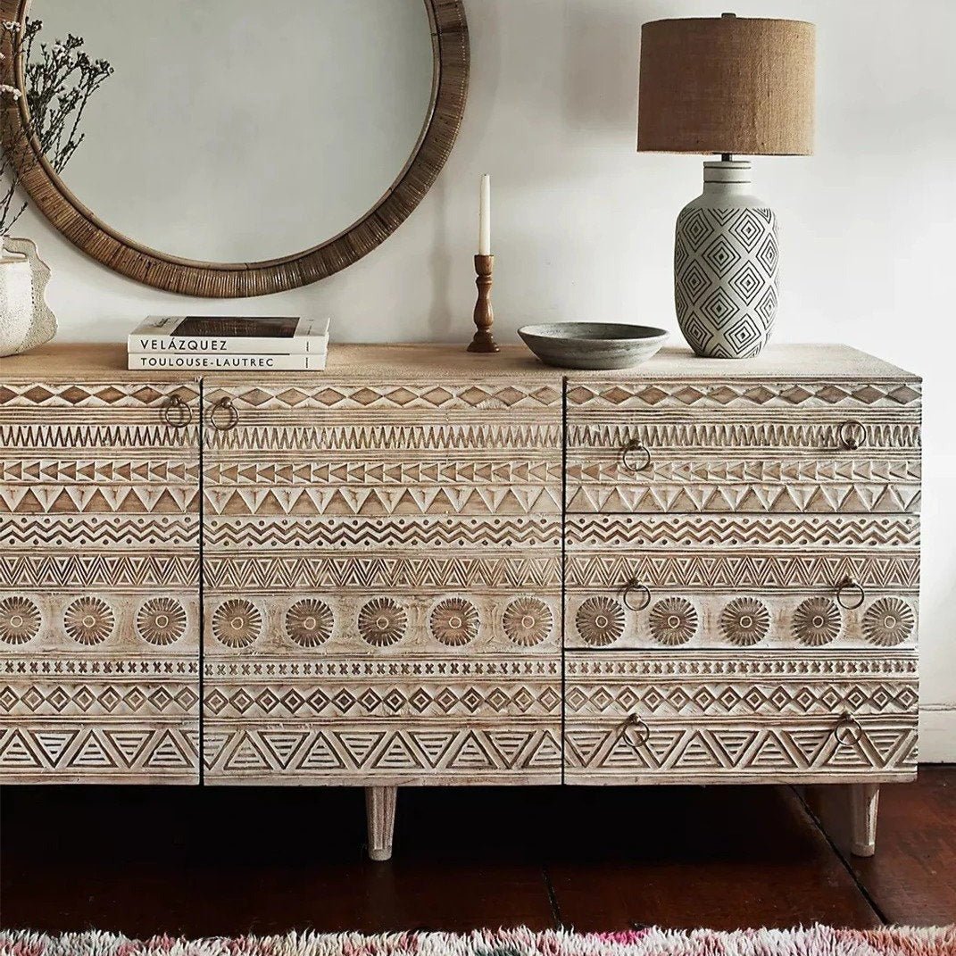 Hand Carved Wooden Sideboard Buffet Cabinet - 2 Doors & 3 Drawers - Rustic Dining Room Storage Furniture for Home Decor & Entertaining