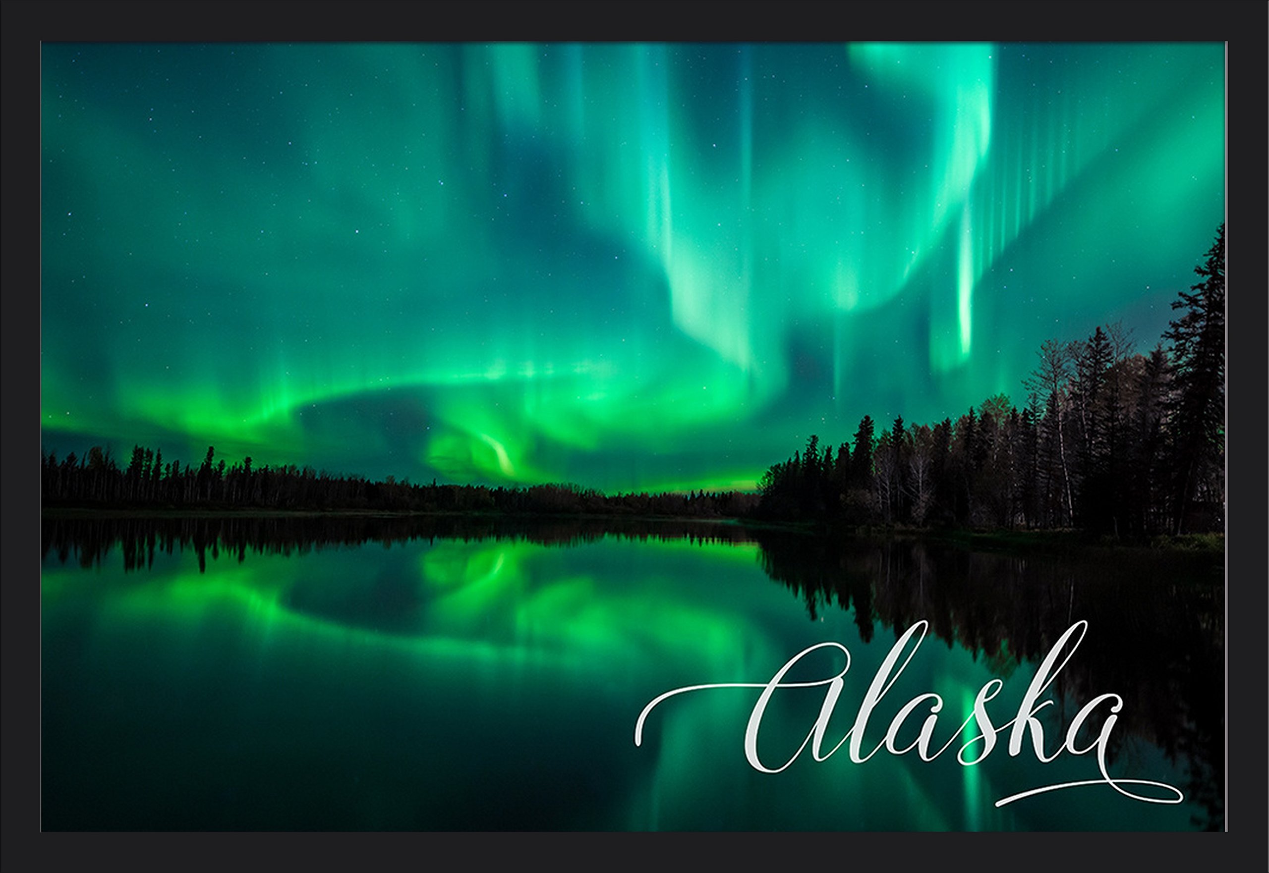 Alaska Northern Lights Over Lake 87276 - 36x24 Giclee Art Print, Gallery Framed in Black Wood - Perfect for Living Room, Bedroom & Office Wall Decor