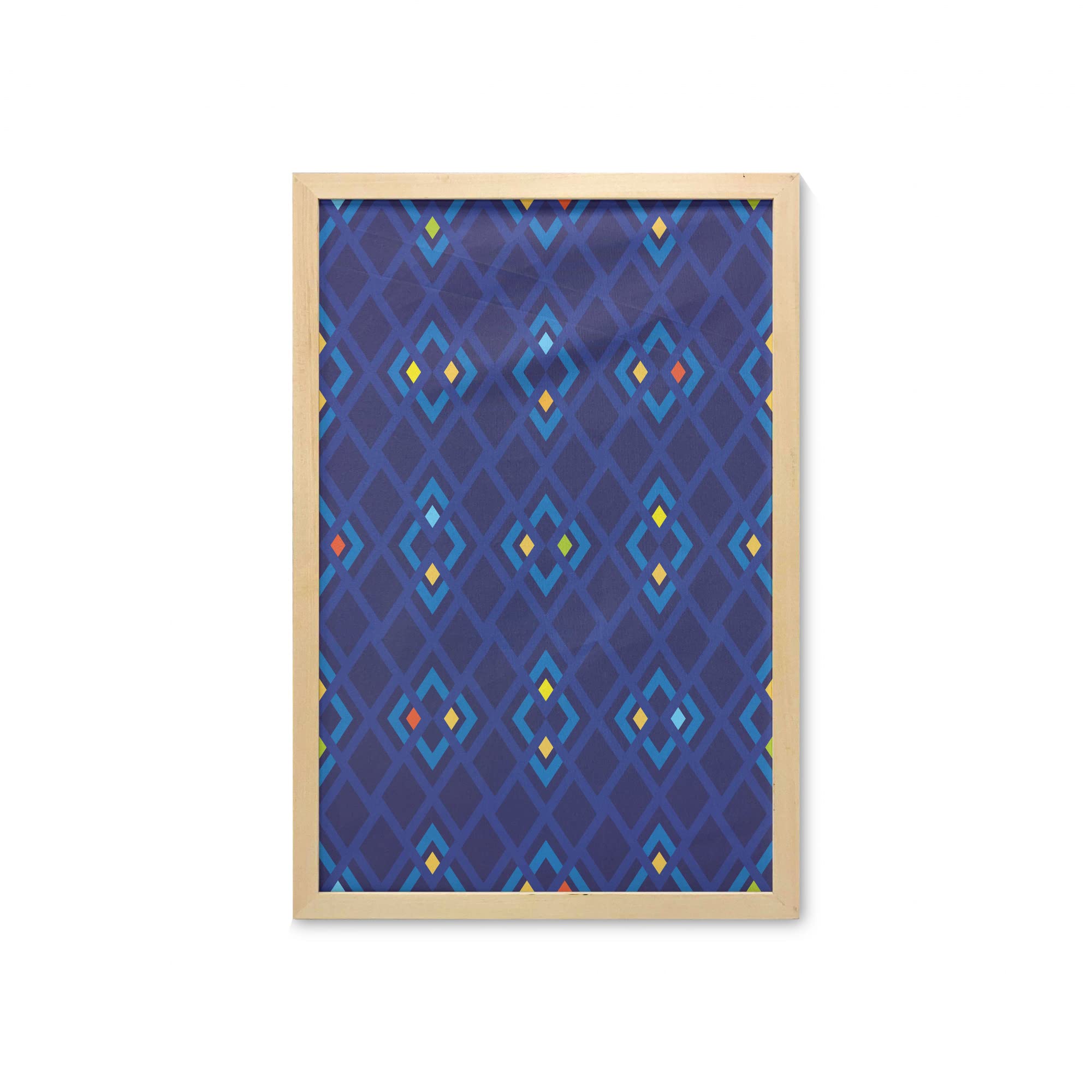 Ambesonne Navy Blue Abstract Wall Art with Frame - Geometric Shabby Chic Pattern in Indigo Coral Yellow - 23x35 Inch Printed Fabric Poster for Bathroom, Living Room, Bedroom & Dorm Decor