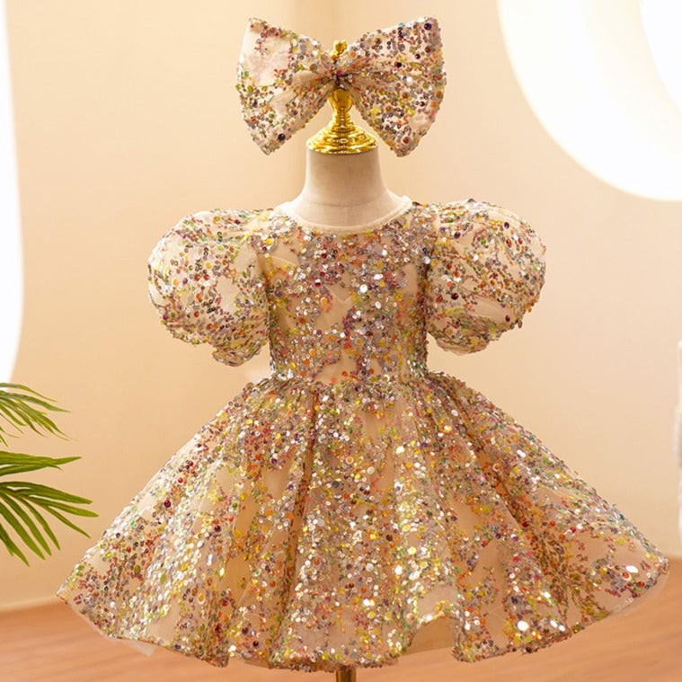 Sparkly Gold Sequined Flower Girl Dress with Puff Sleeves - Perfect for Weddings, Pageants & Special Occasions