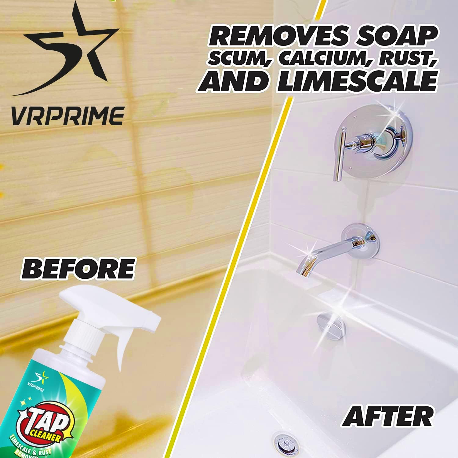 VRPRIME Tap Cleaner - Powerful Limescale & Hard Water Stain Remover for Bathroom Taps, Showers, Sinks & Tiles | All-Purpose Bathroom Cleaning Liquid for Stain Removal | Perfect for Kitchen, Bathroom & Glass Surfaces (500ml)