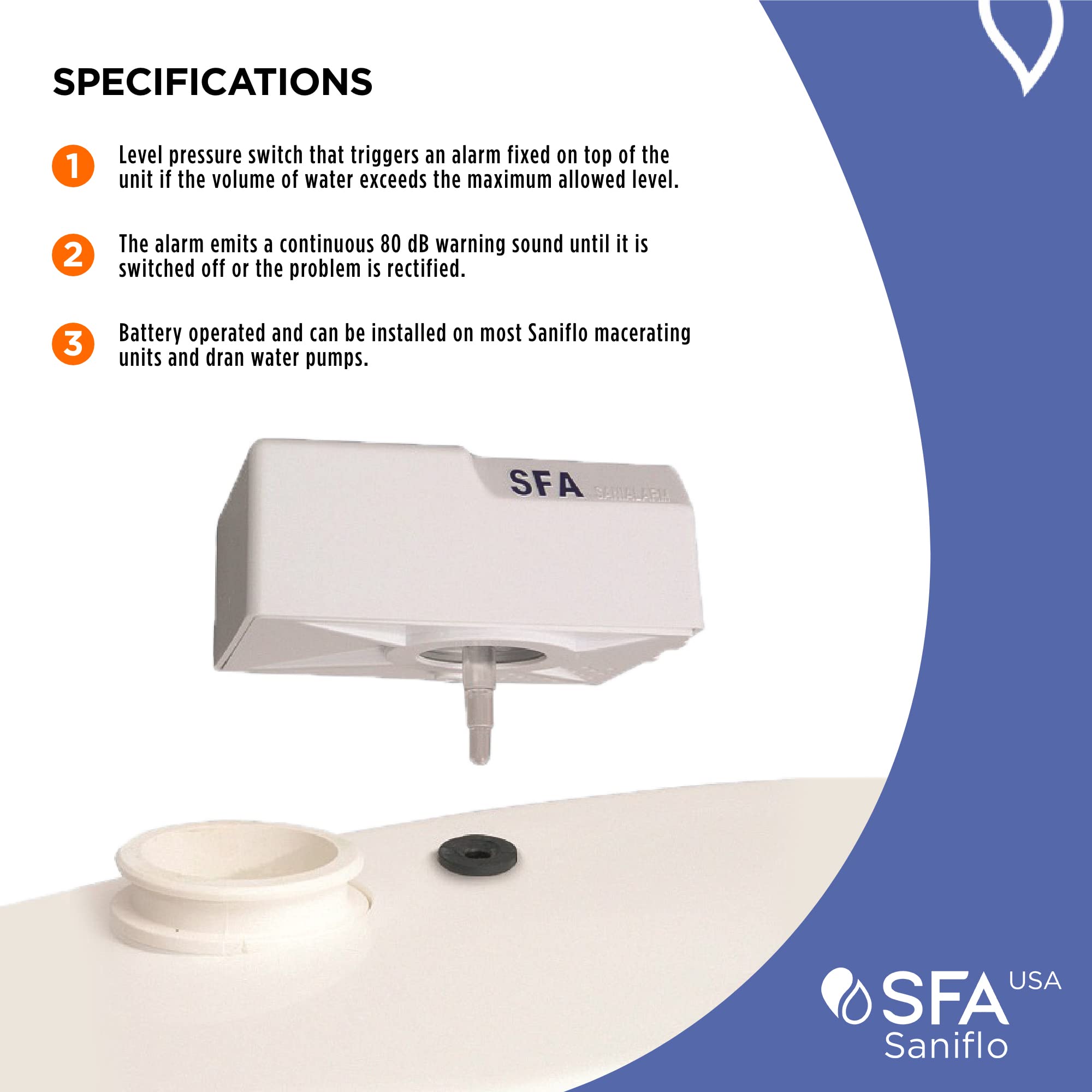 Saniflo 050 SANIALARM - Macerator & Sanivite Alarm System, Battery Not Included, White - Ideal for Basement Bathrooms & Remote Plumbing Installations