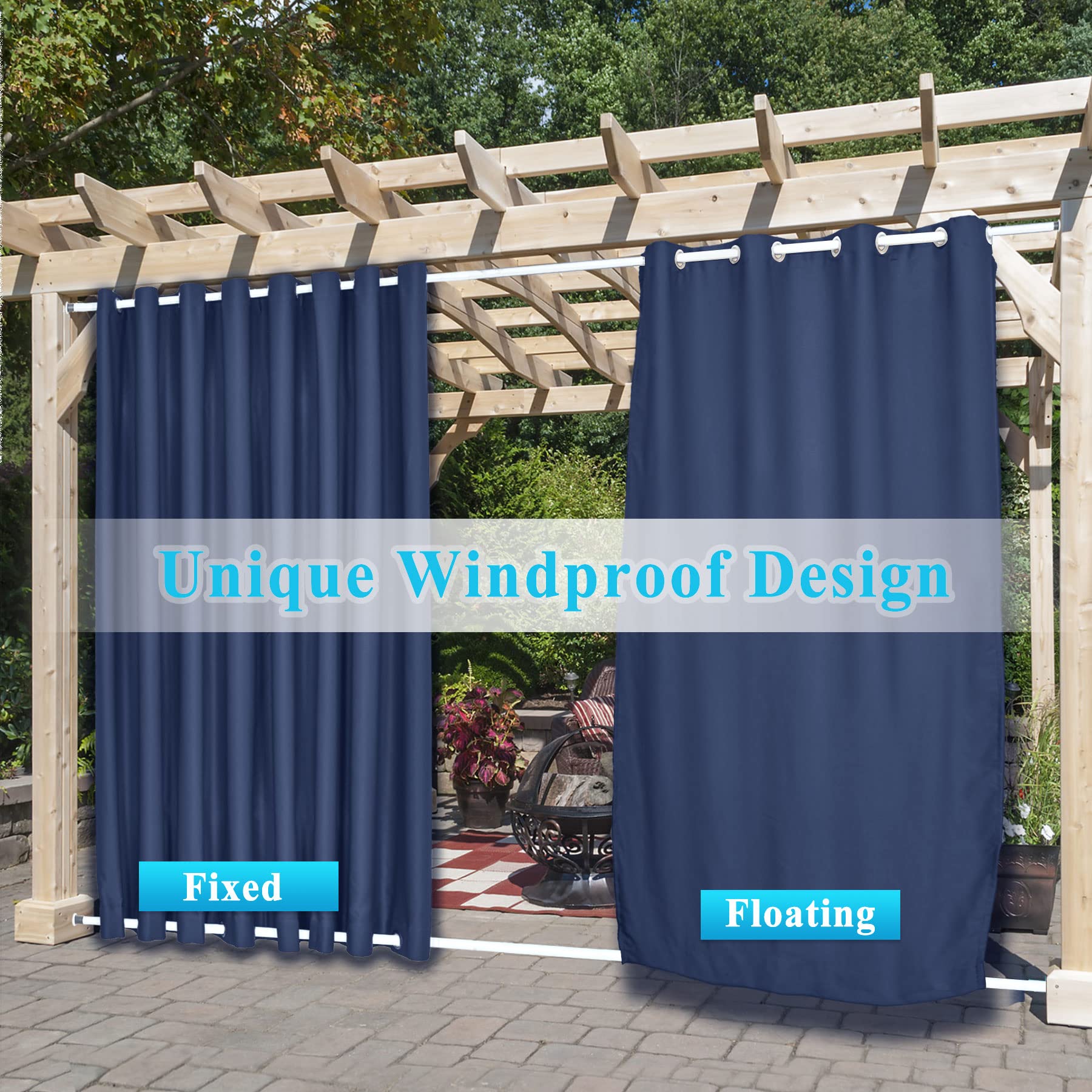 Frelement Extra Wide Outdoor Curtains - Windproof & Privacy Protection - Rustproof Grommet Drapes for Gazebo, Pergola, Patio (Navy, 120