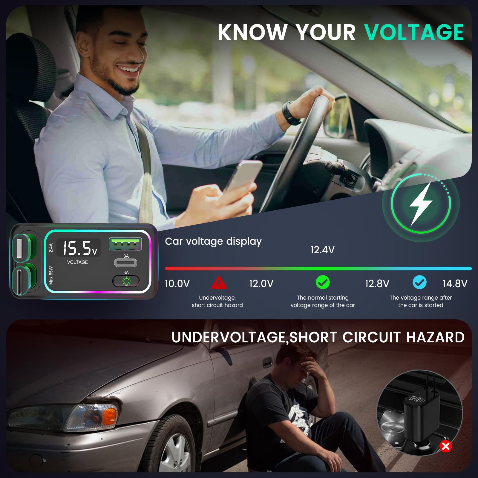 4-in-1 Retractable Fast Car Charger with USB-C & Lightning Ports (2.62ft Cables) - Compatible with iPhone 16/15/14/13/12, iPad, Samsung Galaxy, Google Pixel - Perfect for Road Trips, Commuting & Emergency Charging